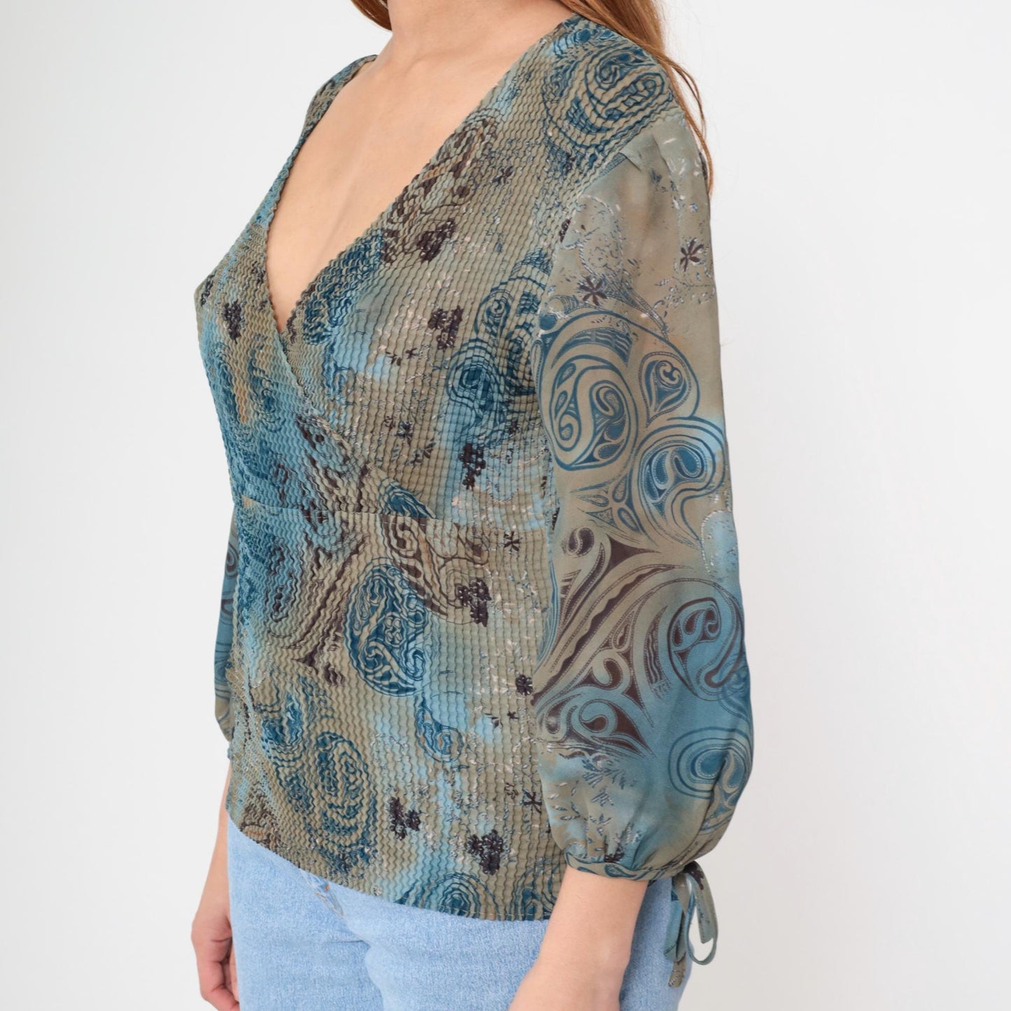 Y2K Nicola Paisley Wrap Top Blue Mixed Print Tie Sleeve Medium M