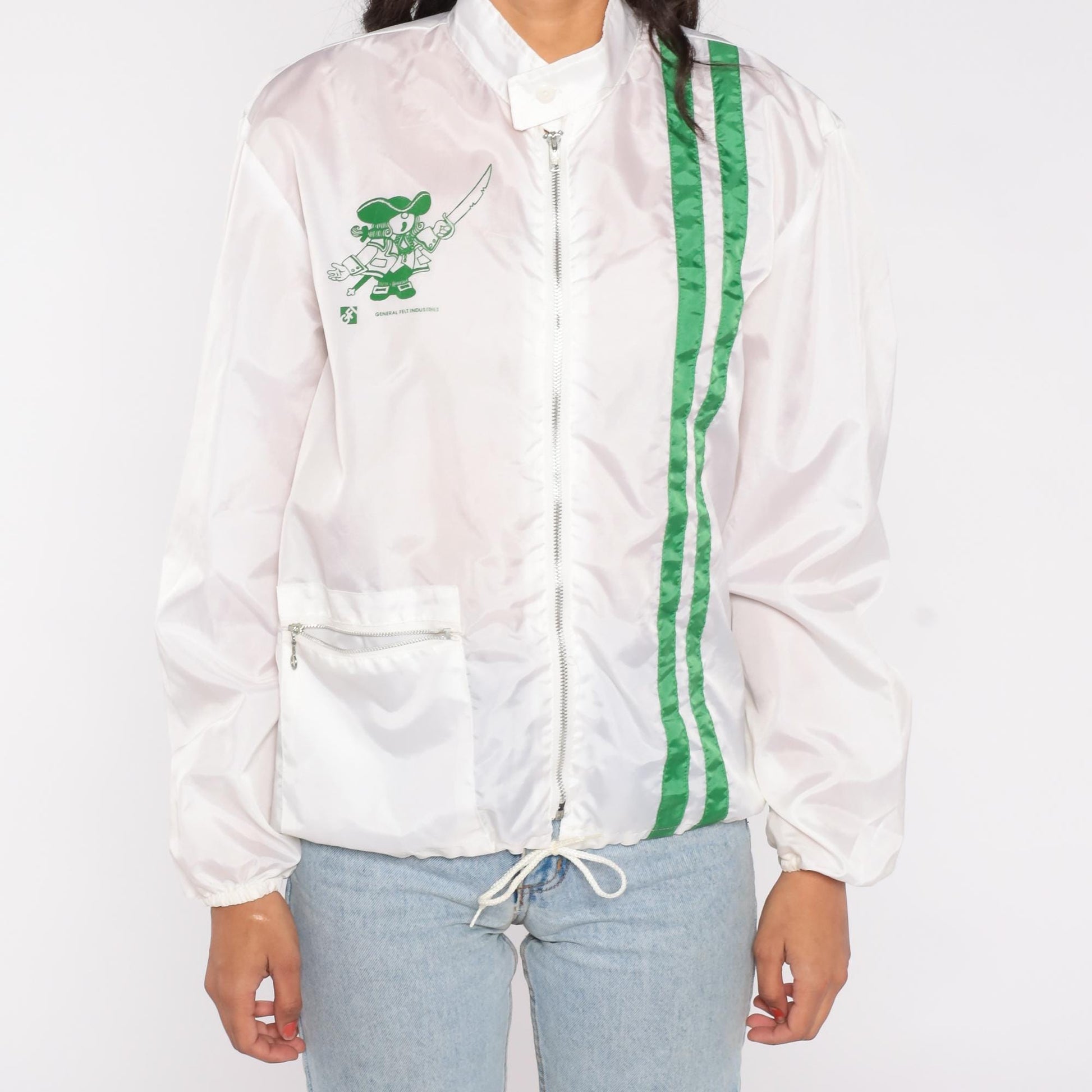80s General Felt Industries Windbreaker Jacket White Green Stripe Pirate Logo Medium