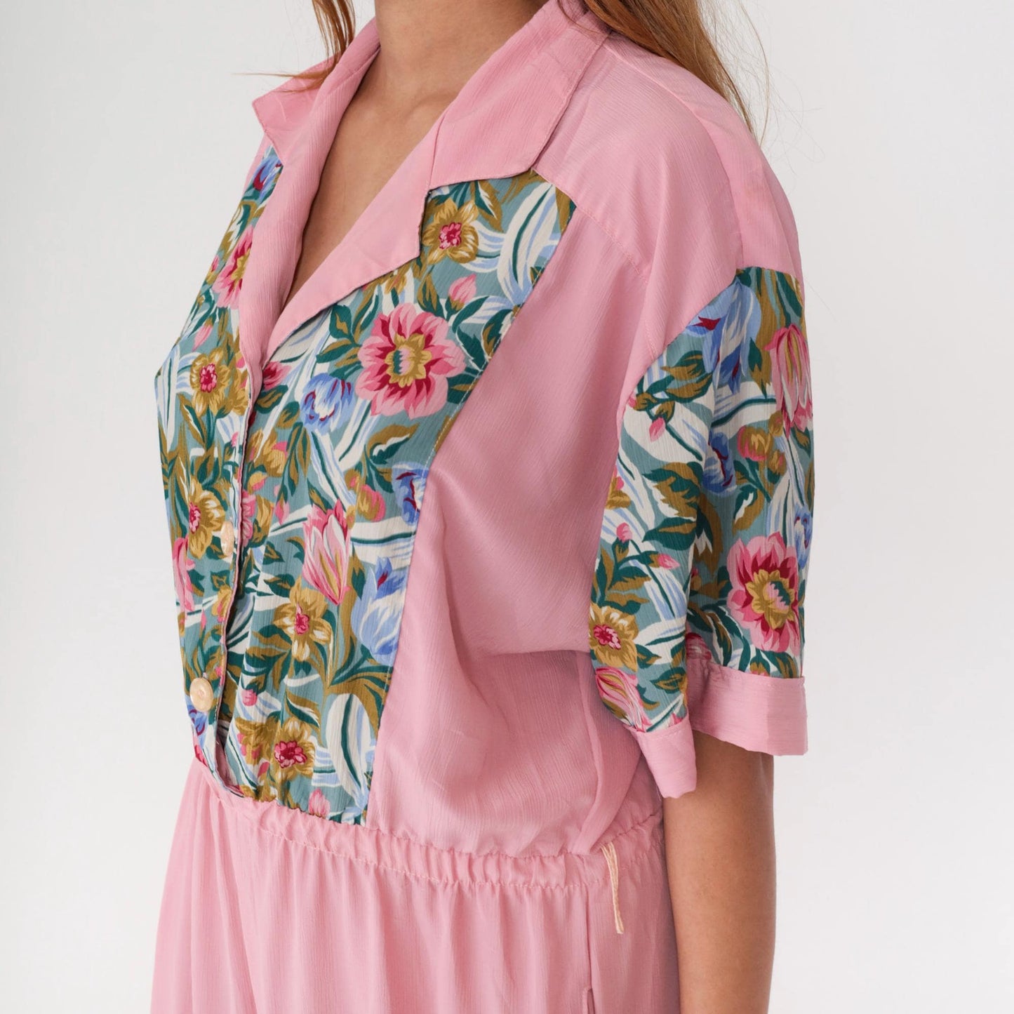 90s Pink Floral Jumpsuit Adolfo II Button Up Collared Tapered Medium