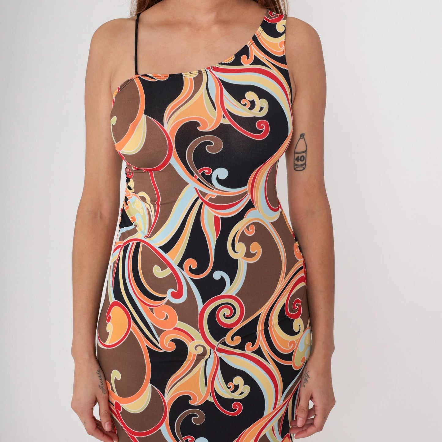 Y2K California Grown Asymmetrical Dress Swirl Print One-Shoulder Small S