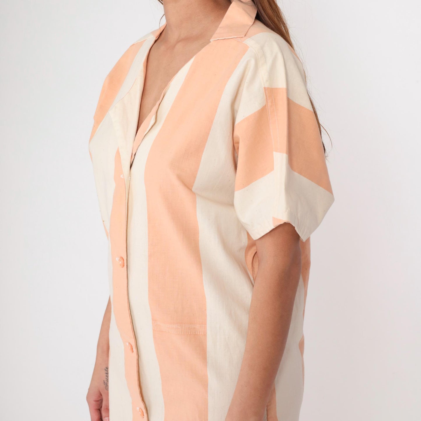 80s Peach Cream Striped Shirt Dress Button Front Collar Cotton Medium