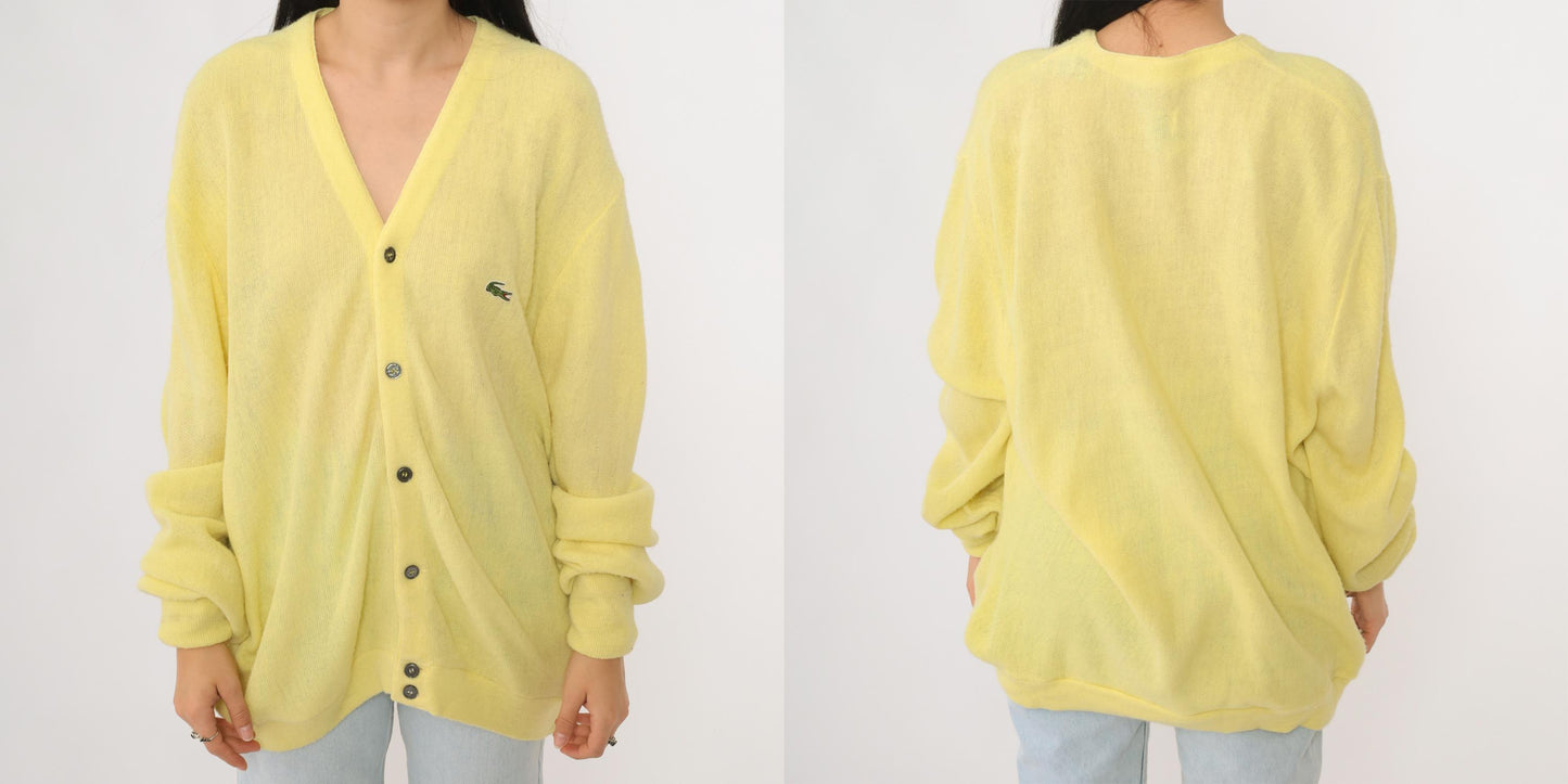 70s Lacoste Yellow Cardigan Crocodile Logo Button Front Extra Large XL