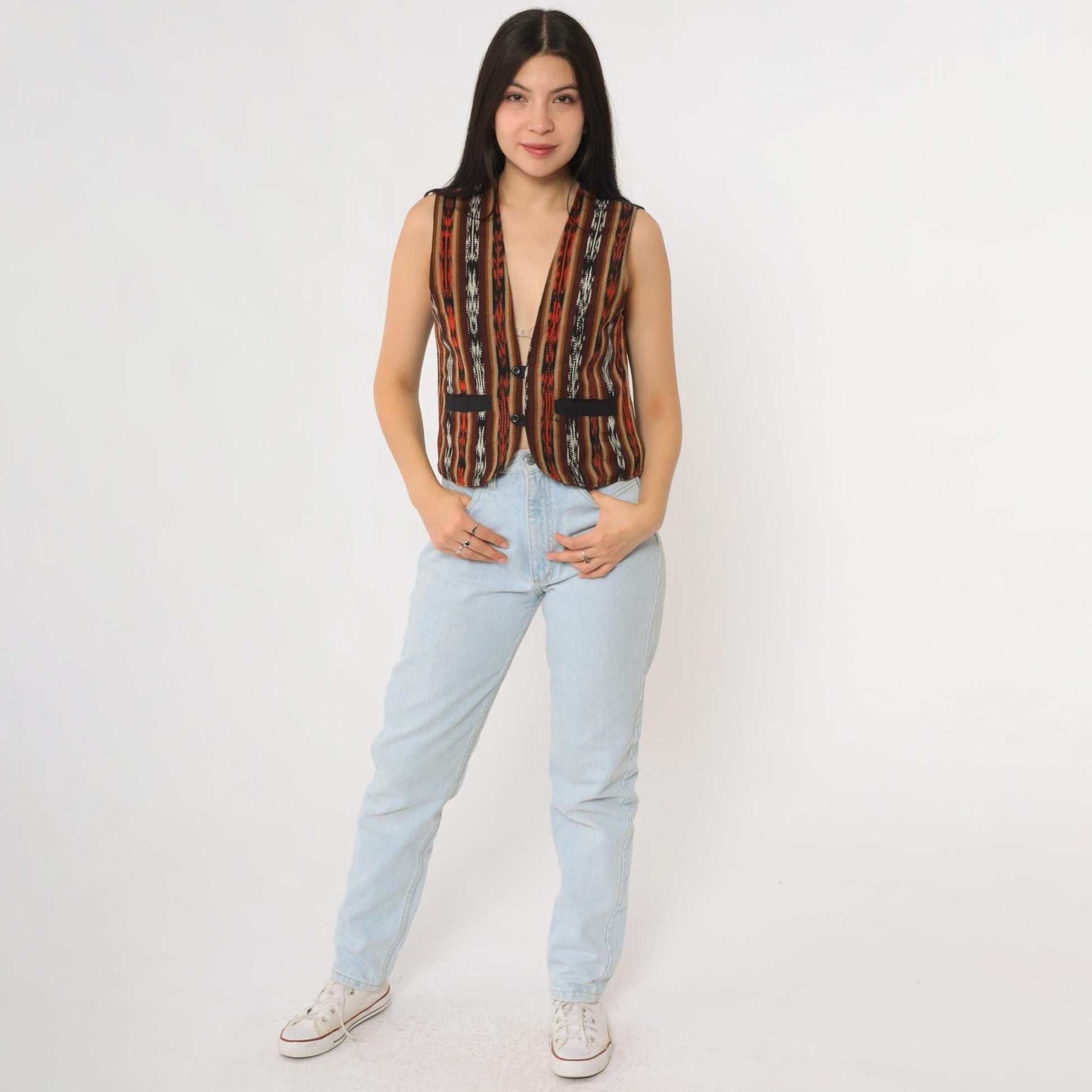 90s Southwestern Cotton Vest Striped Geometric Button Front Small S