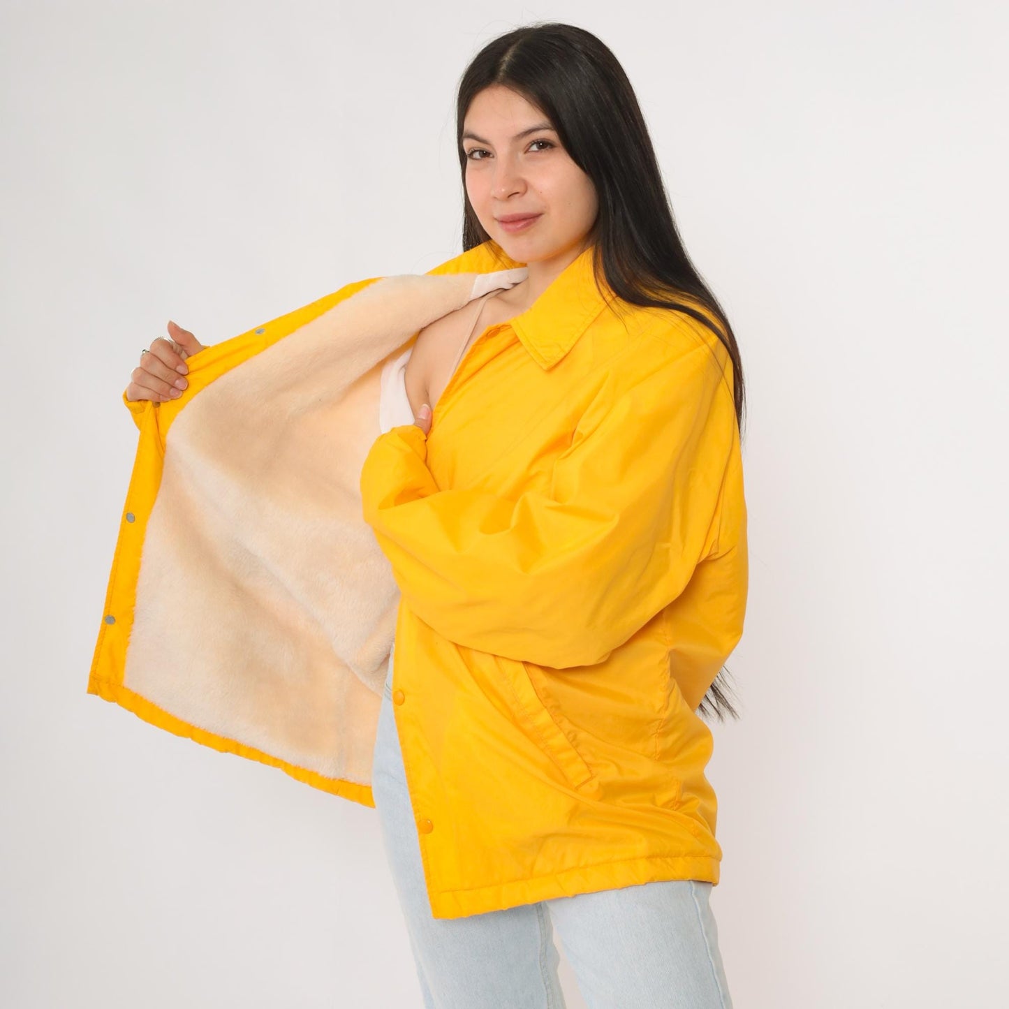 80s David Peyser Yellow Nylon Windbreaker Faux Fur Lined Coach Jacket Large