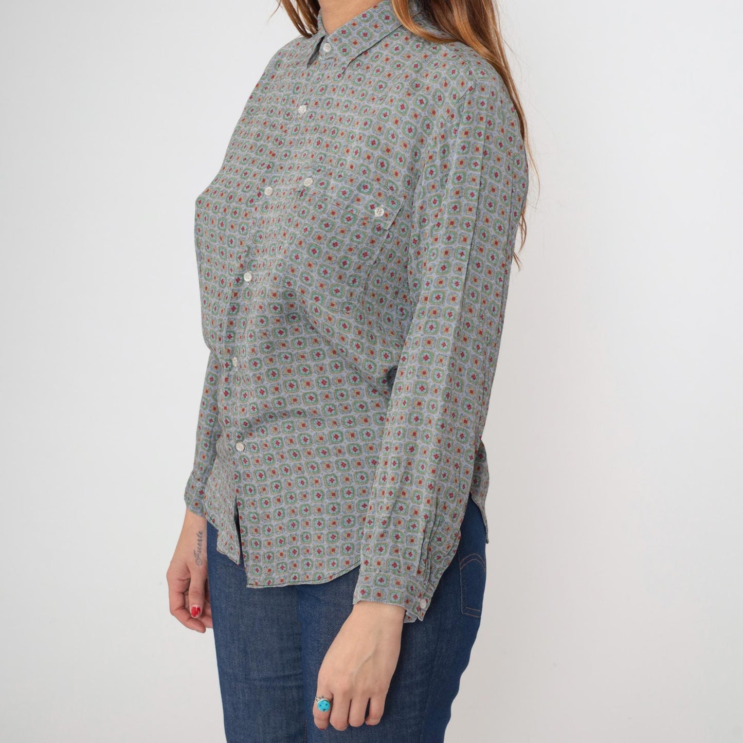 90s Geometric Floral Button Up Blouse Sage Green Red Print Medium