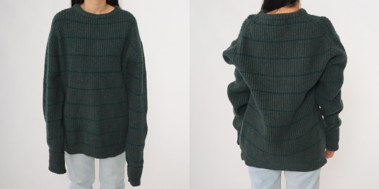 80s Fieldgear Wool Sweater Dark Teal Horizontal Stripe Ribbed Knit Extra Large XL