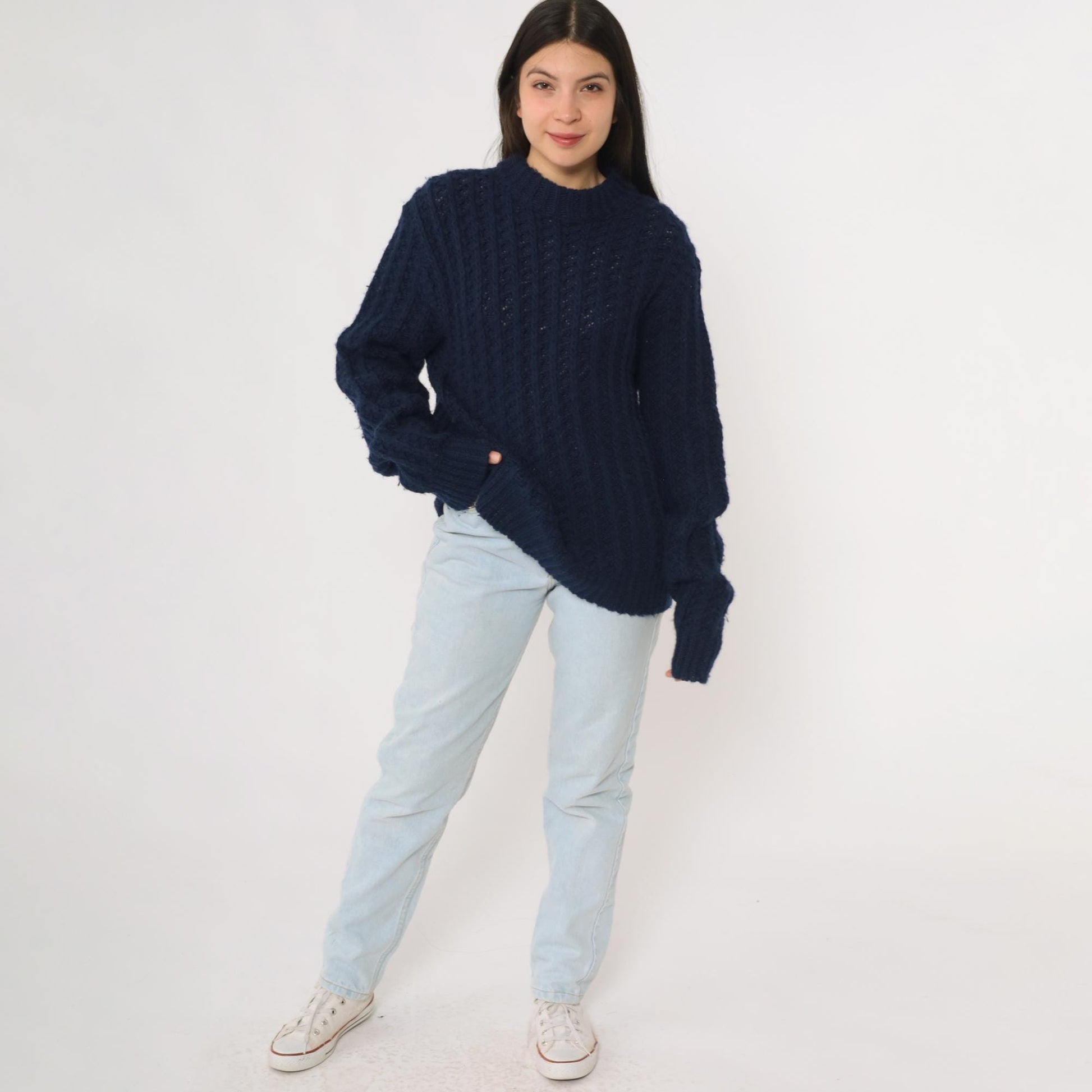 80s Robert Bruce Navy Wool Chunky Knit Crewneck Pullover Medium M