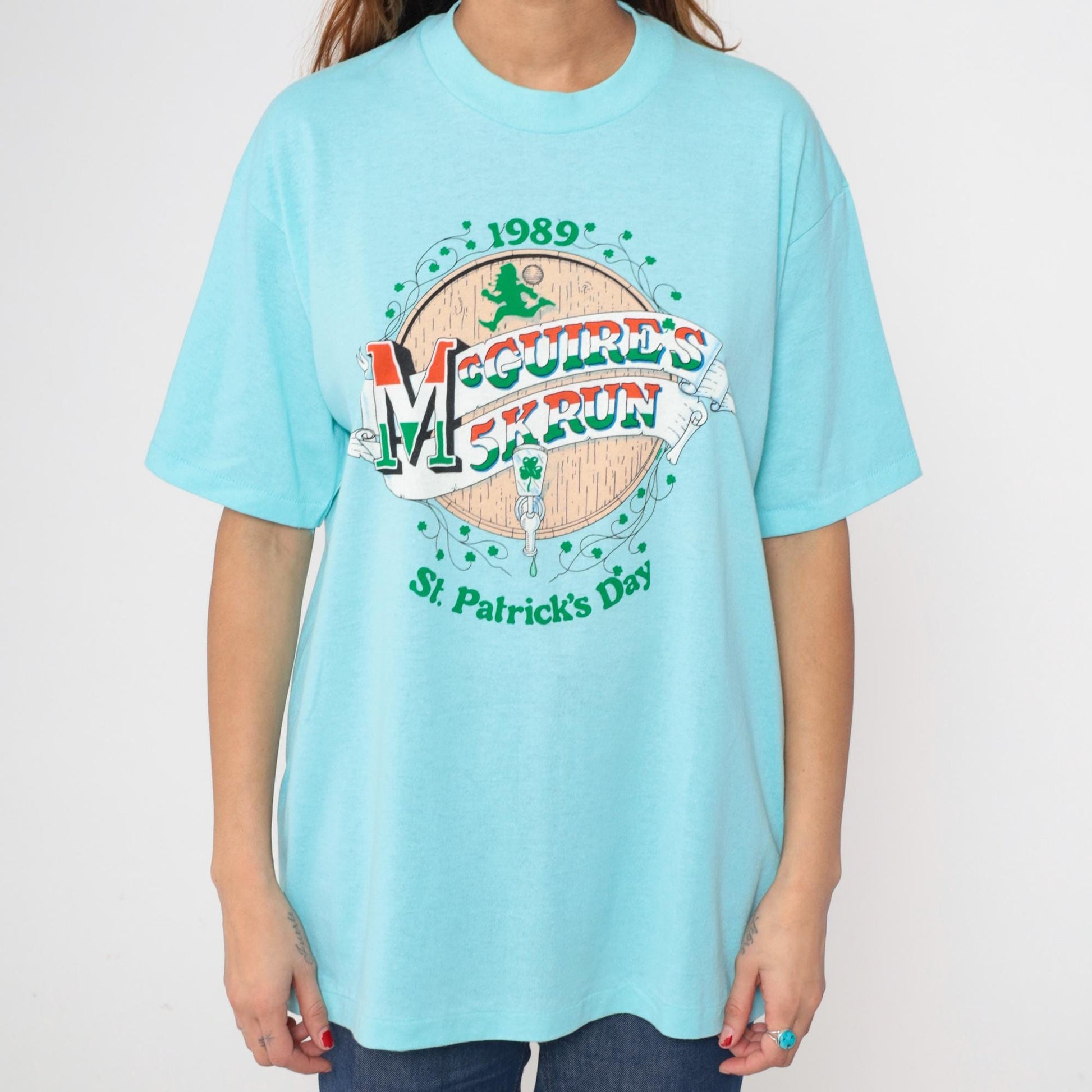 80s McGuire's 5K Run St Patrick's Day Graphic Tee Aqua Blue Extra Large XL