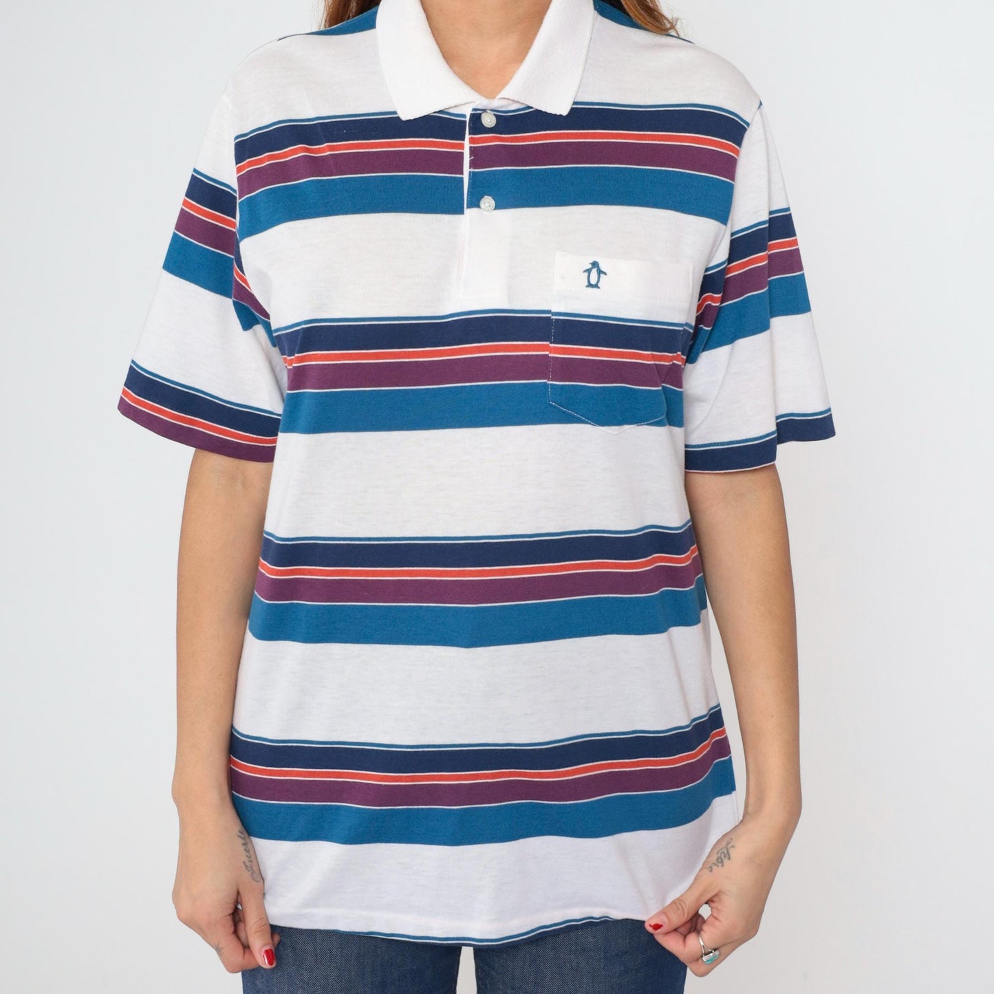 90s Penguin Club Striped Polo Shirt White Blue Purple Men's Large