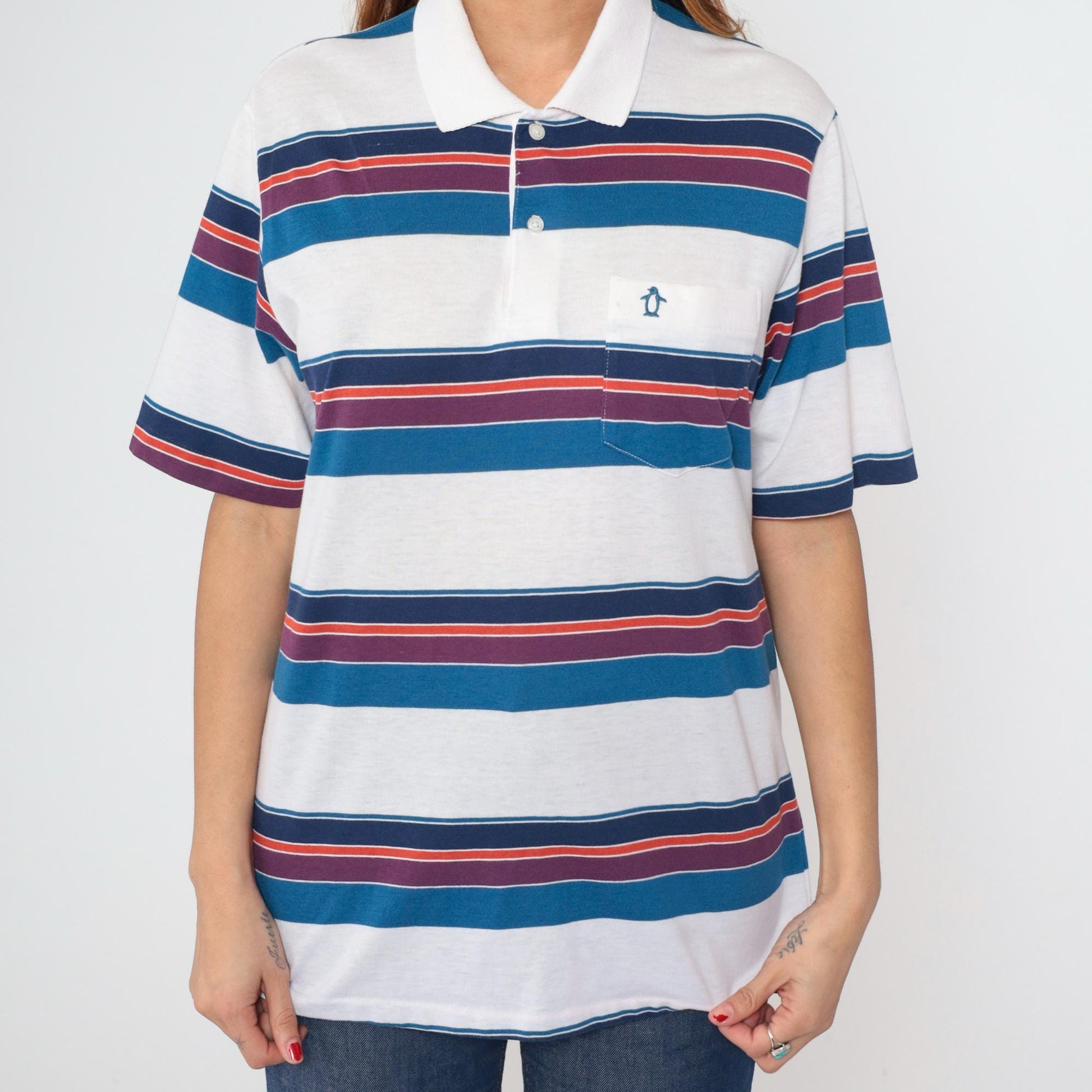 90s Penguin Club Striped Polo Shirt White Blue Purple Men's Large