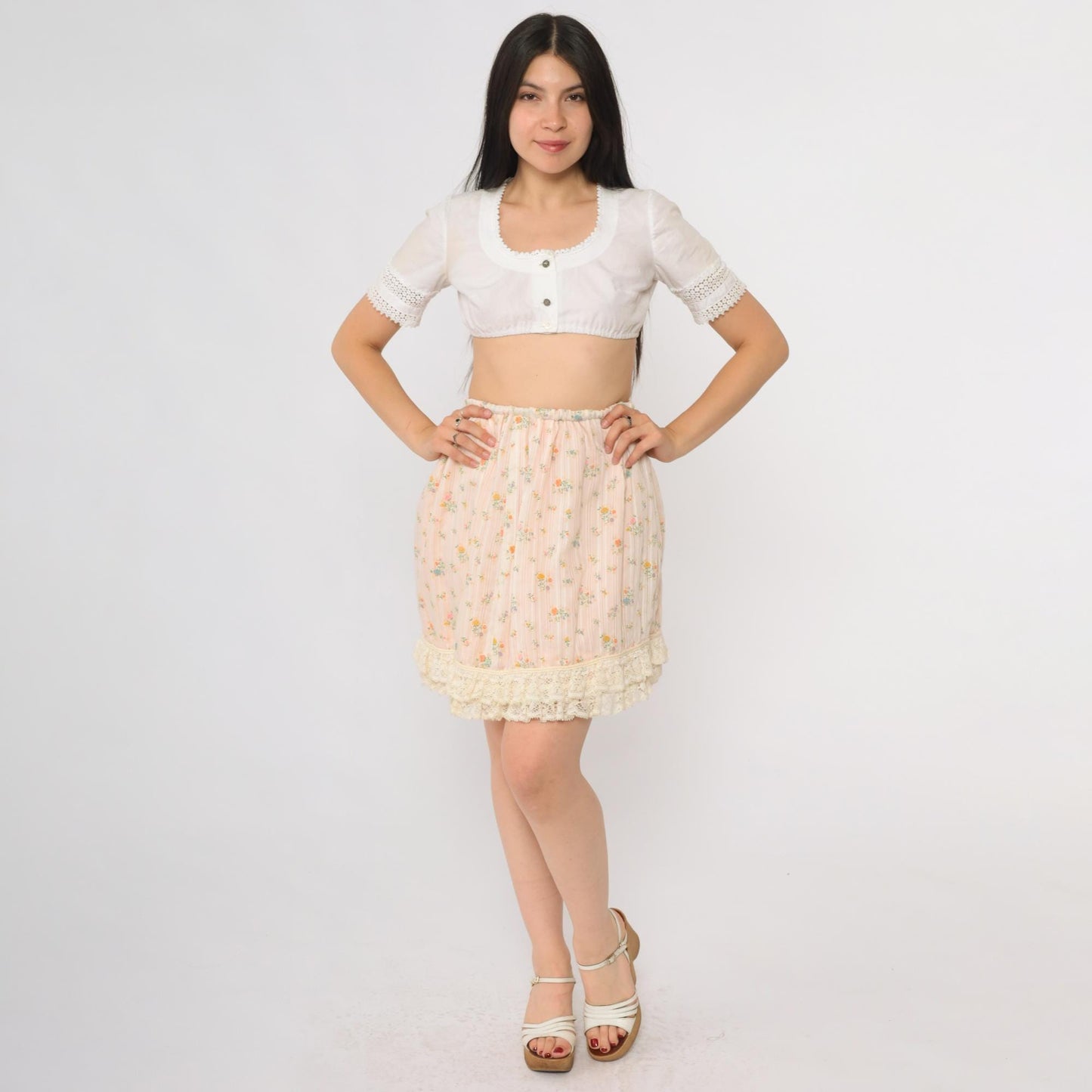 70s Pink Floral Mini Skirt Lace Hem Elastic Waist Extra Small
