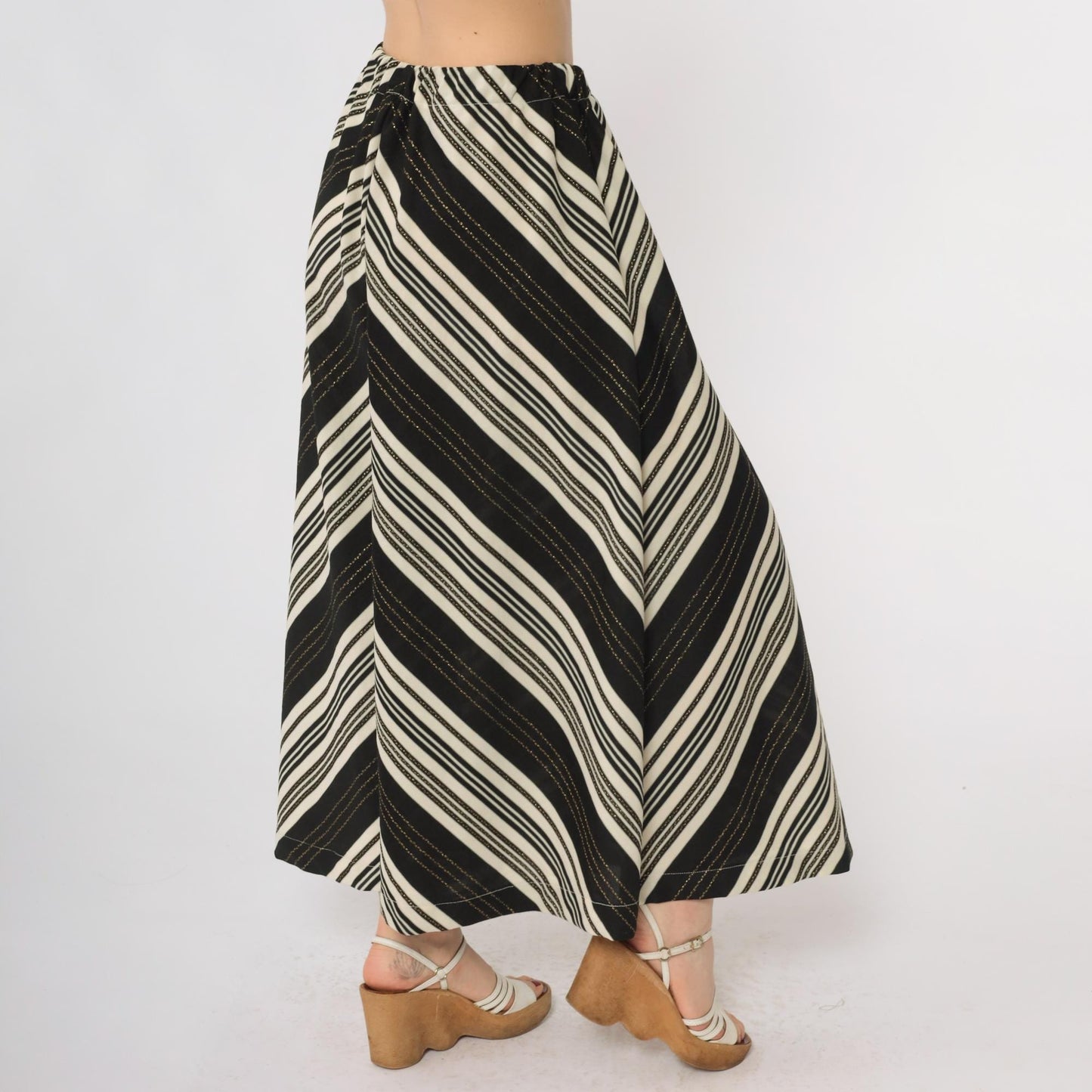 70s Black Cream Chevron Striped Maxi Skirt Gold Metallic High Waist Small
