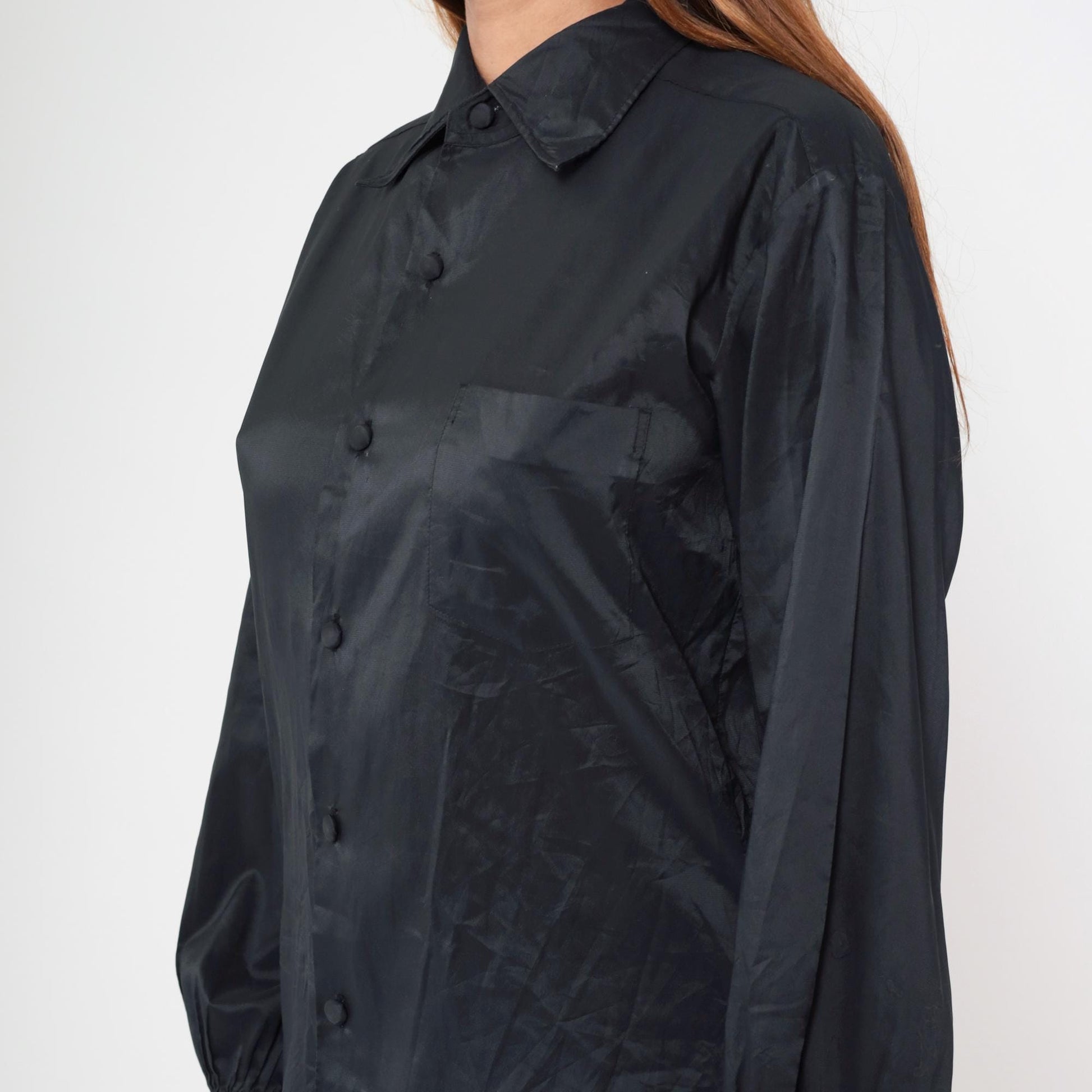 70s Elson Black Button-Up Shirt Pointed Collar Long Sleeve Medium M