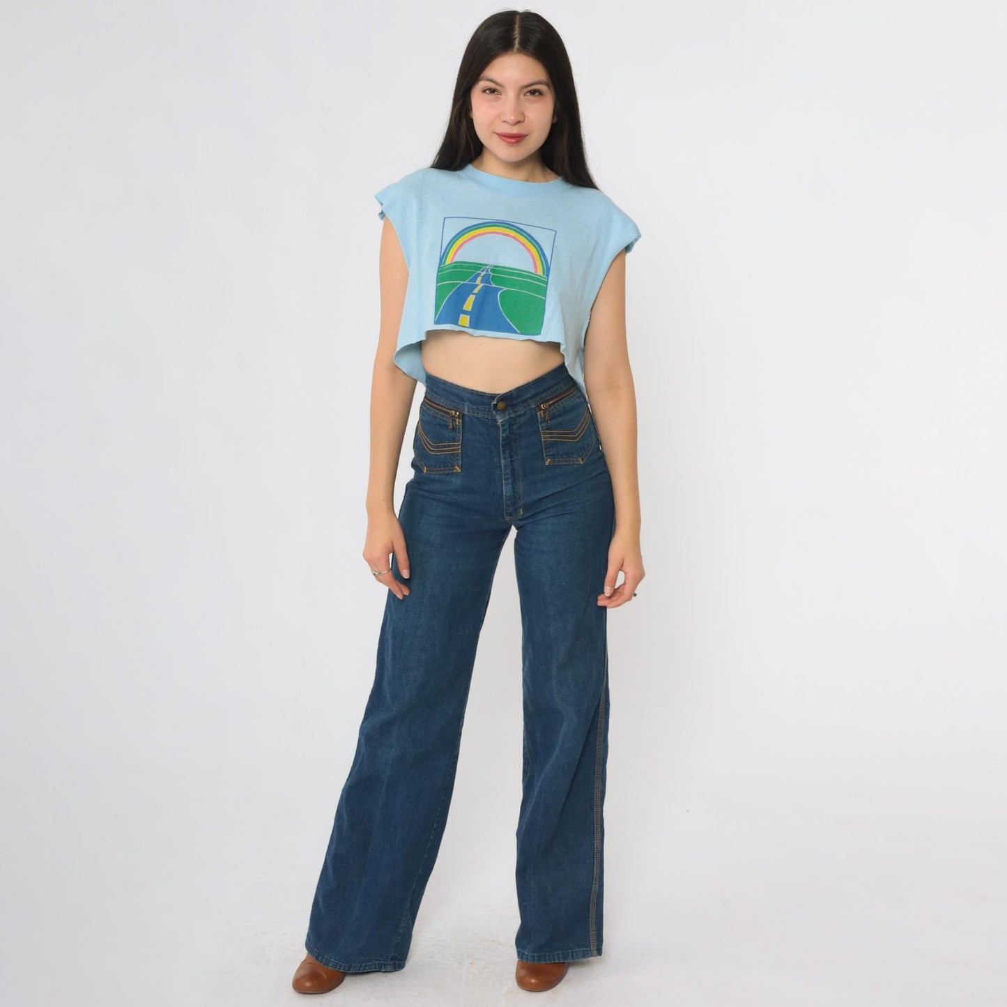 90s Oneita Rainbow Road Crop Top Blue Graphic Sleeveless Tee Large L