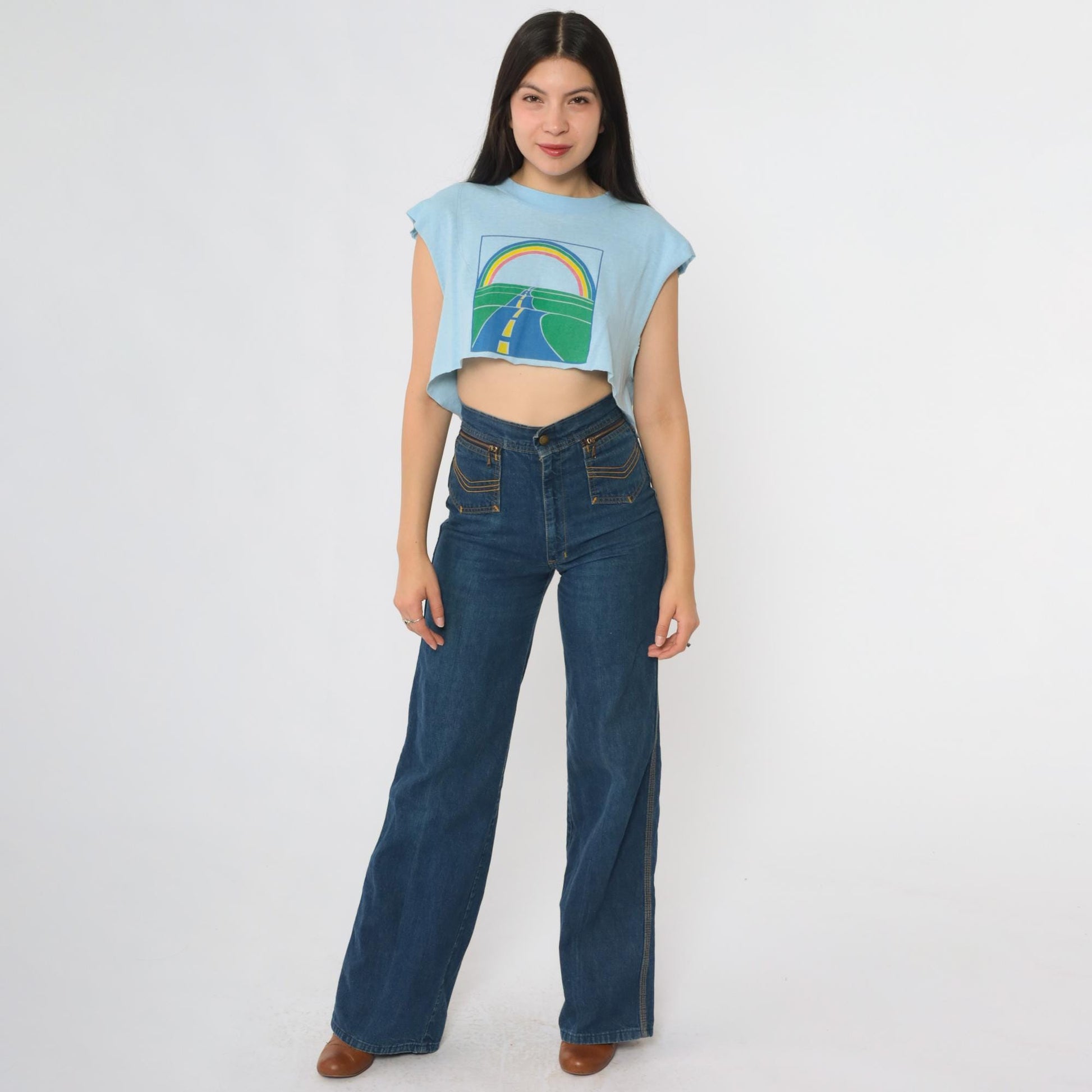 90s Oneita Rainbow Road Crop Top Blue Graphic Sleeveless Tee Large L