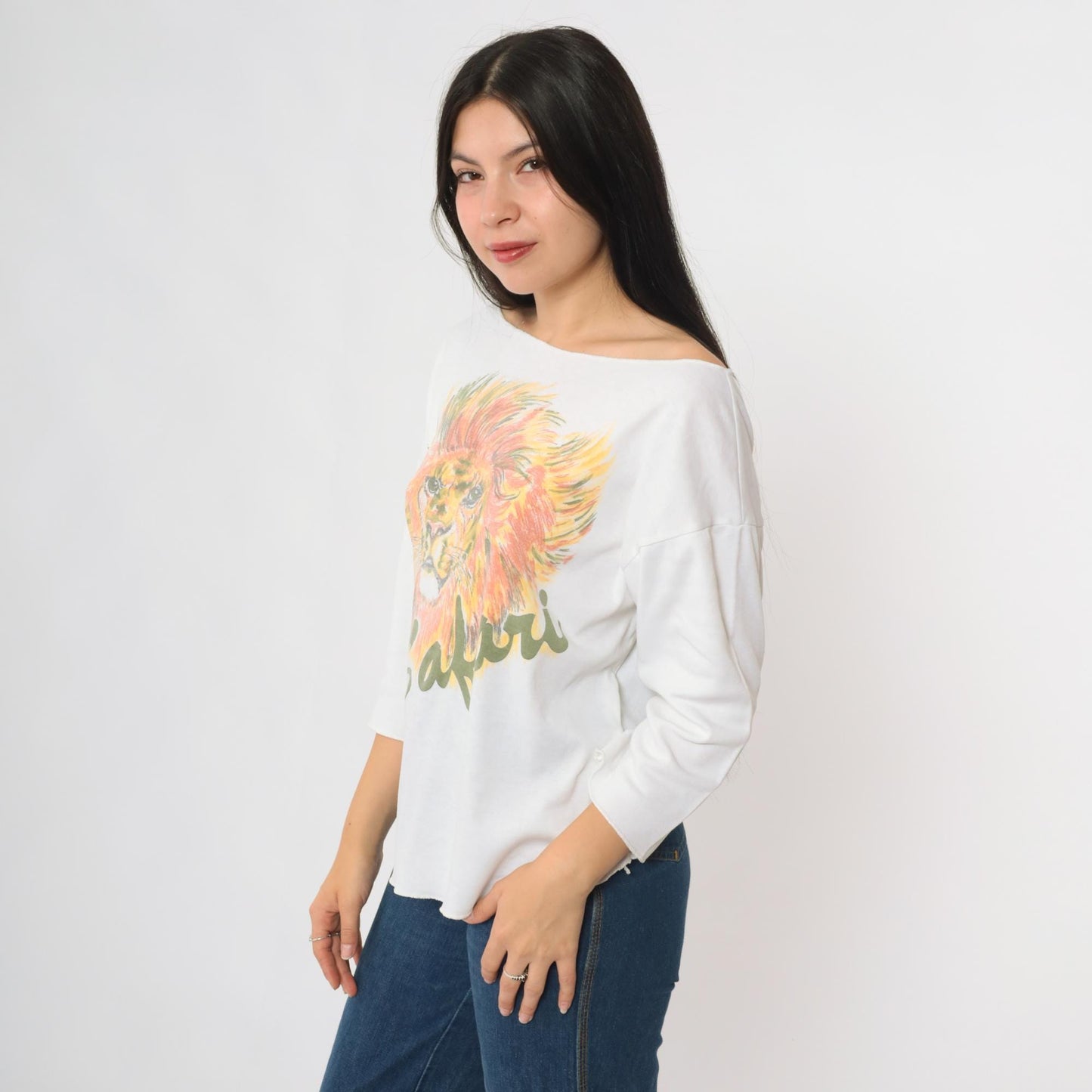 80s Lion Safari Graphic Cotton Pullover Crew Neck Tee Large L