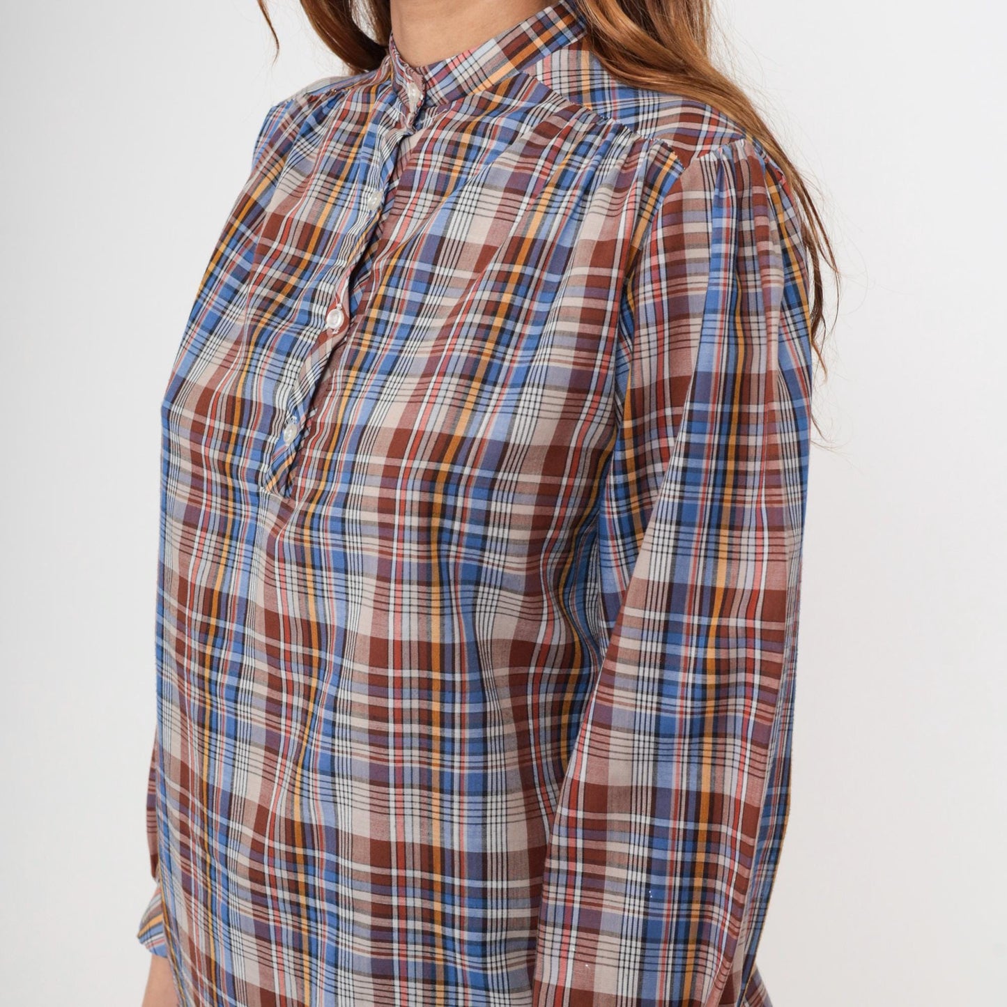 80s Plaid Blouse Mandarin Collar Puff Sleeve Brown Blue Yellow Cotton Medium M