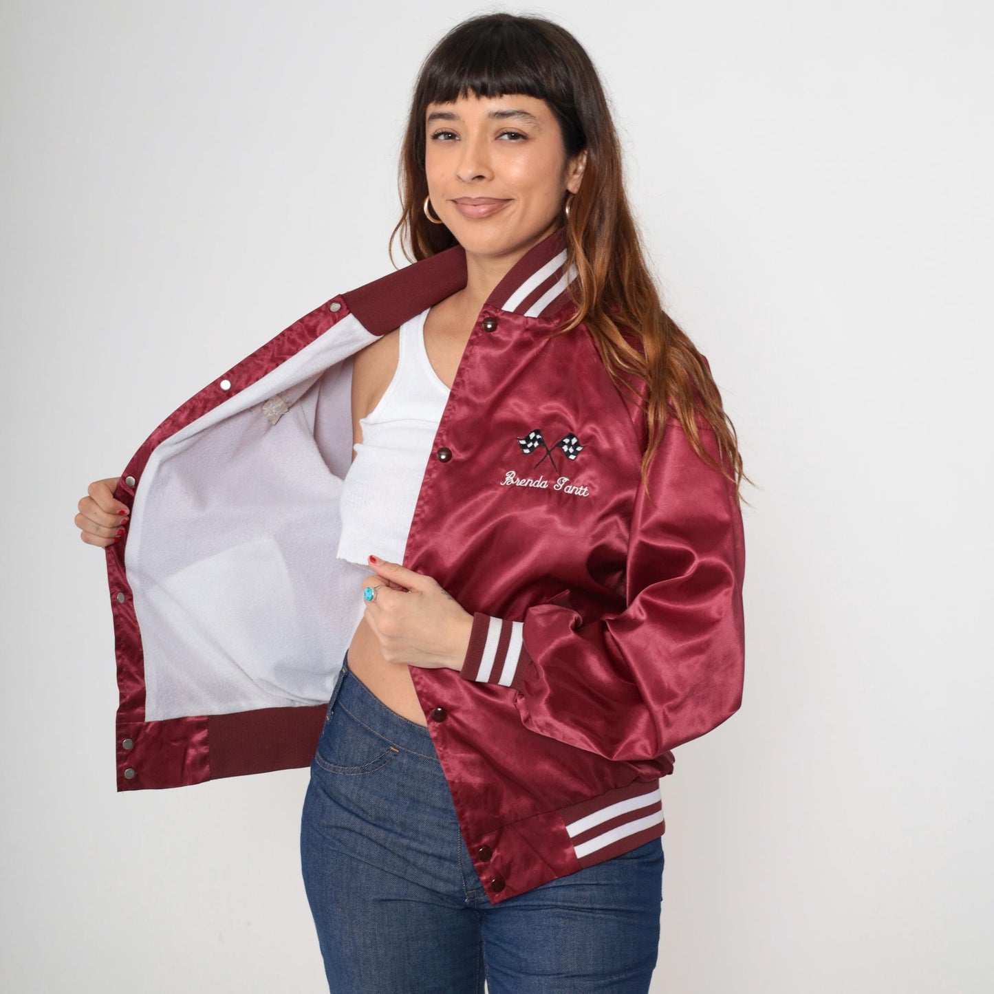 90s Duke City Raceway Maroon Satin Bomber Jacket Embroidered Racing Medium