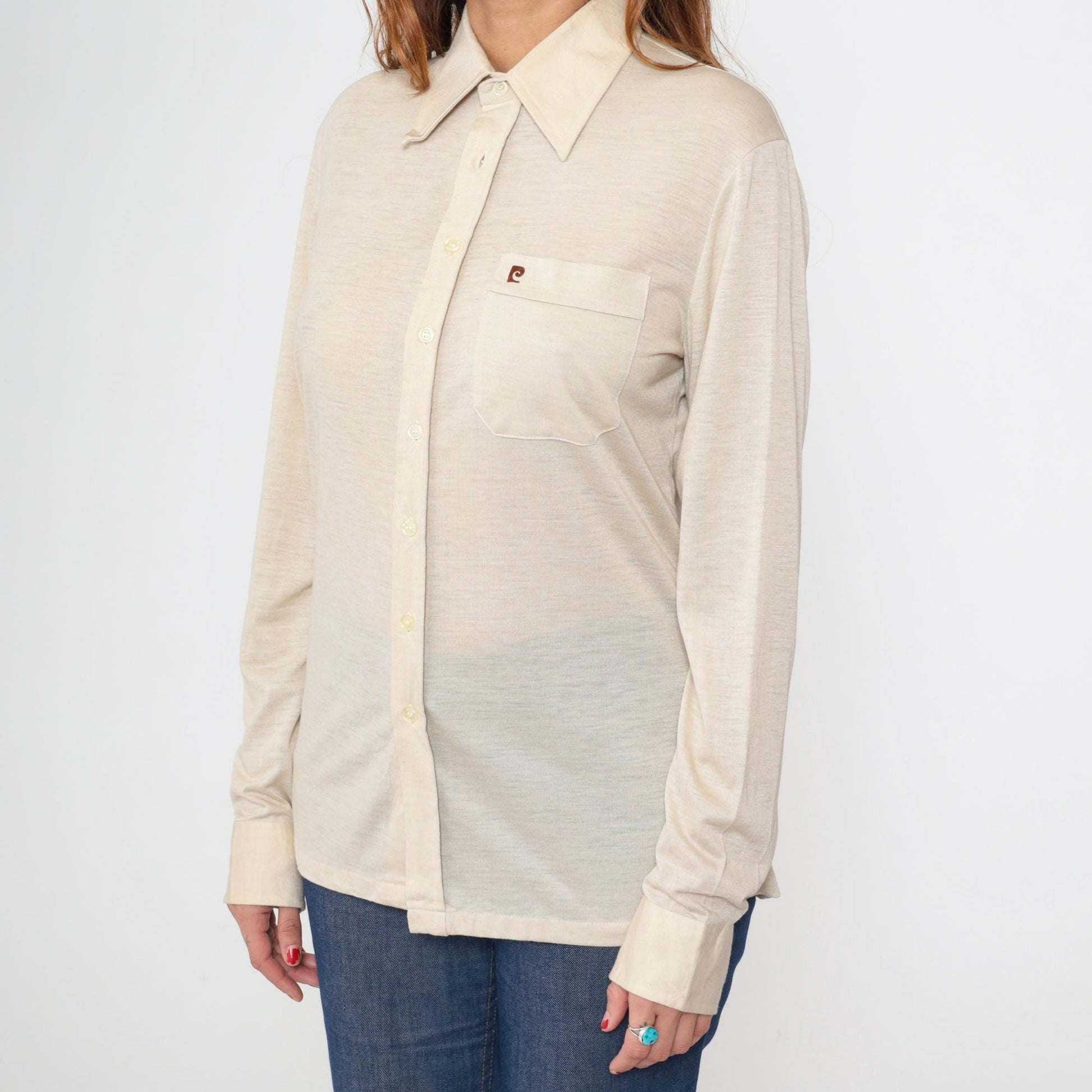 80s Pierre Cardin Beige Dress Shirt Long Sleeve Button Down Point Collar Medium