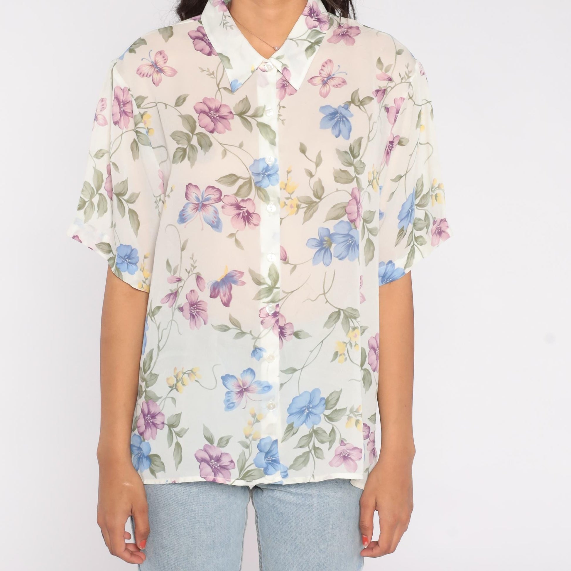 90s Bonworth Floral Button Down Blouse Cream Purple Blue Large Petite