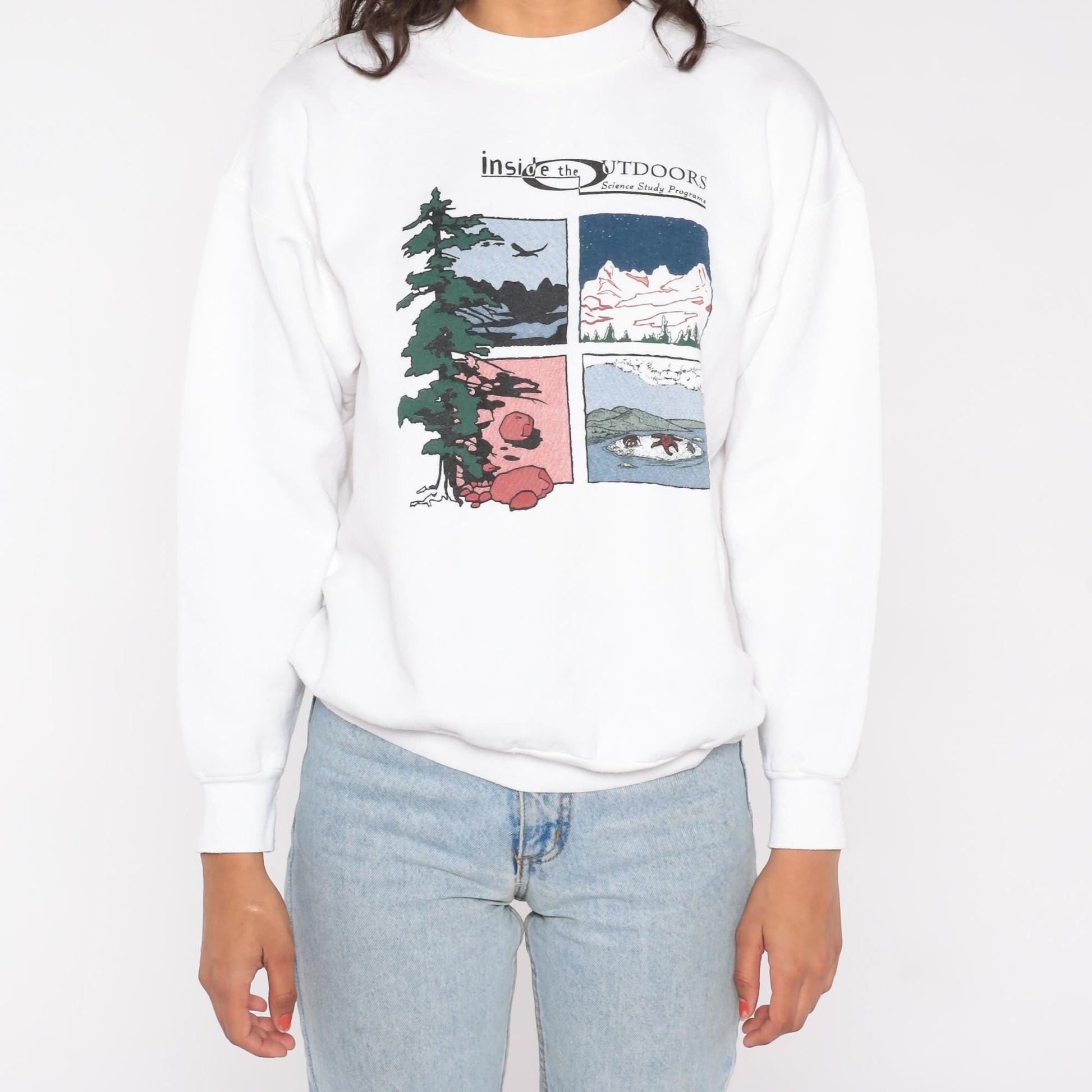 90s Inside The Outdoors Nature Graphic Sweatshirt White Crewneck Large