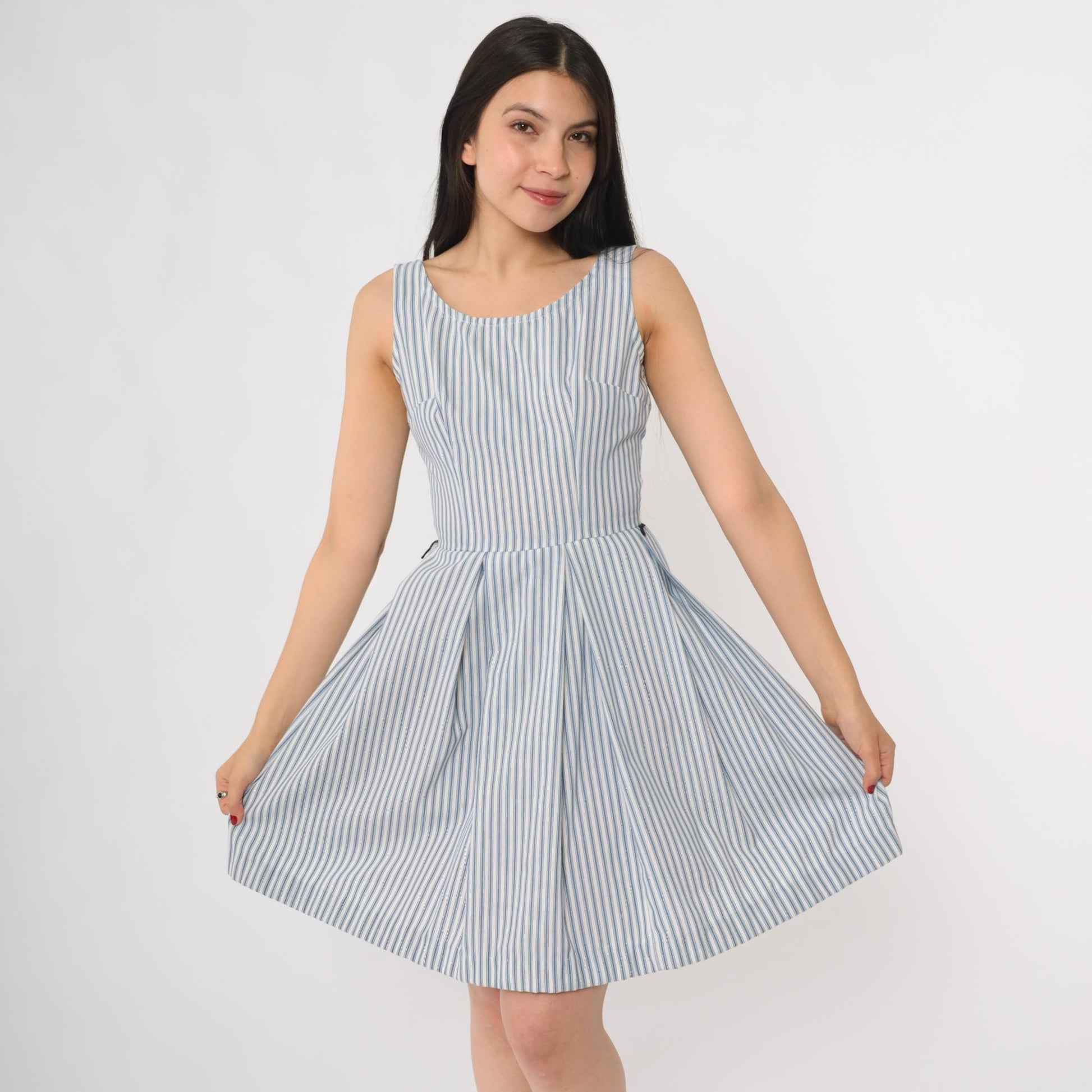 60s Blue White Striped Seersucker Sundress Sleeveless A-Line Scoop Neck Extra Small