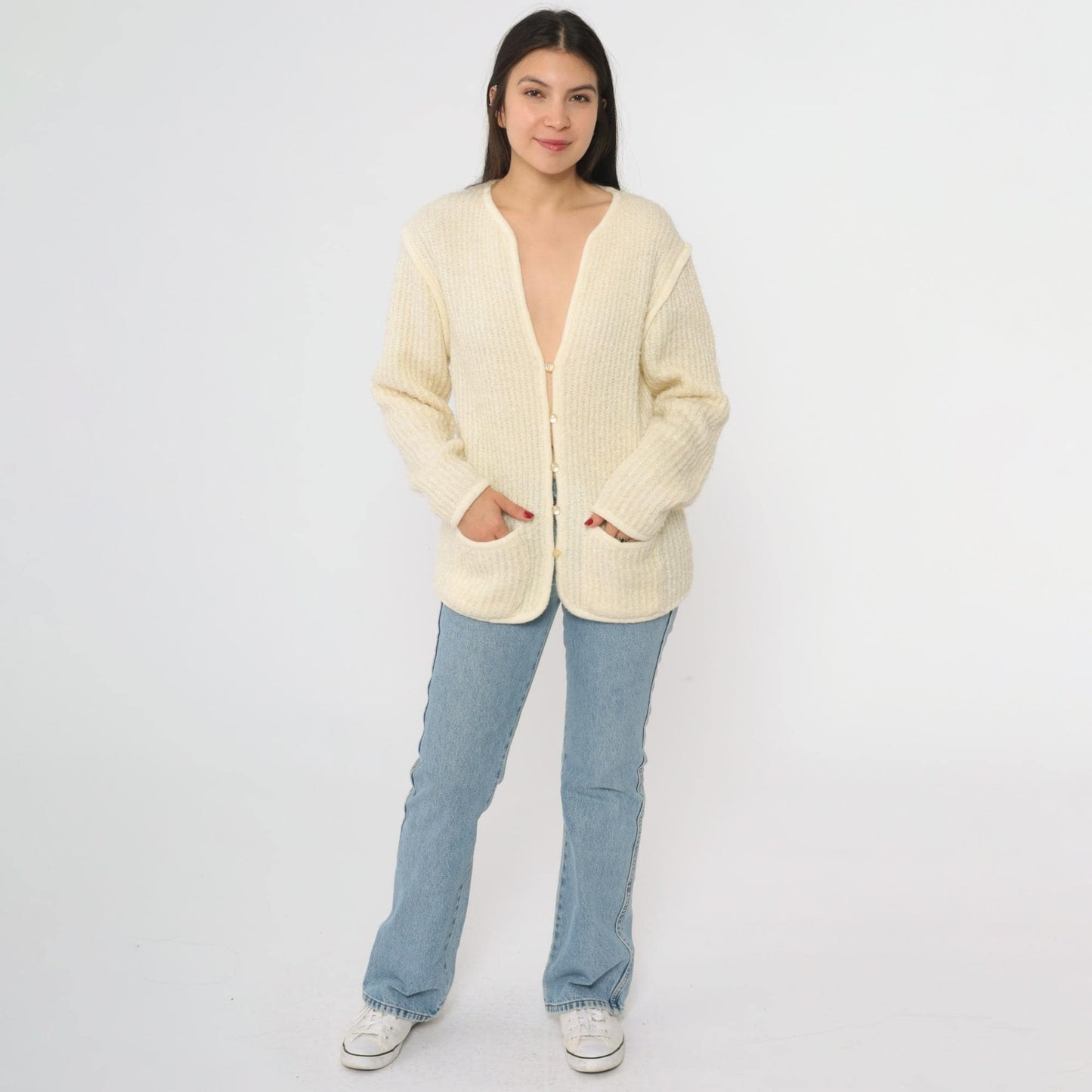 80s Ivory Knit Cardigan V-Neck Ribbed Texture Front Pockets Large L