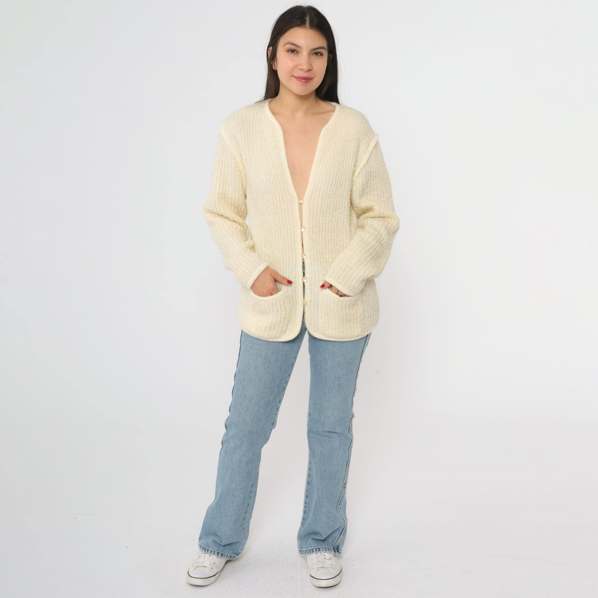 80s Ivory Knit Cardigan V-Neck Ribbed Texture Front Pockets Large L