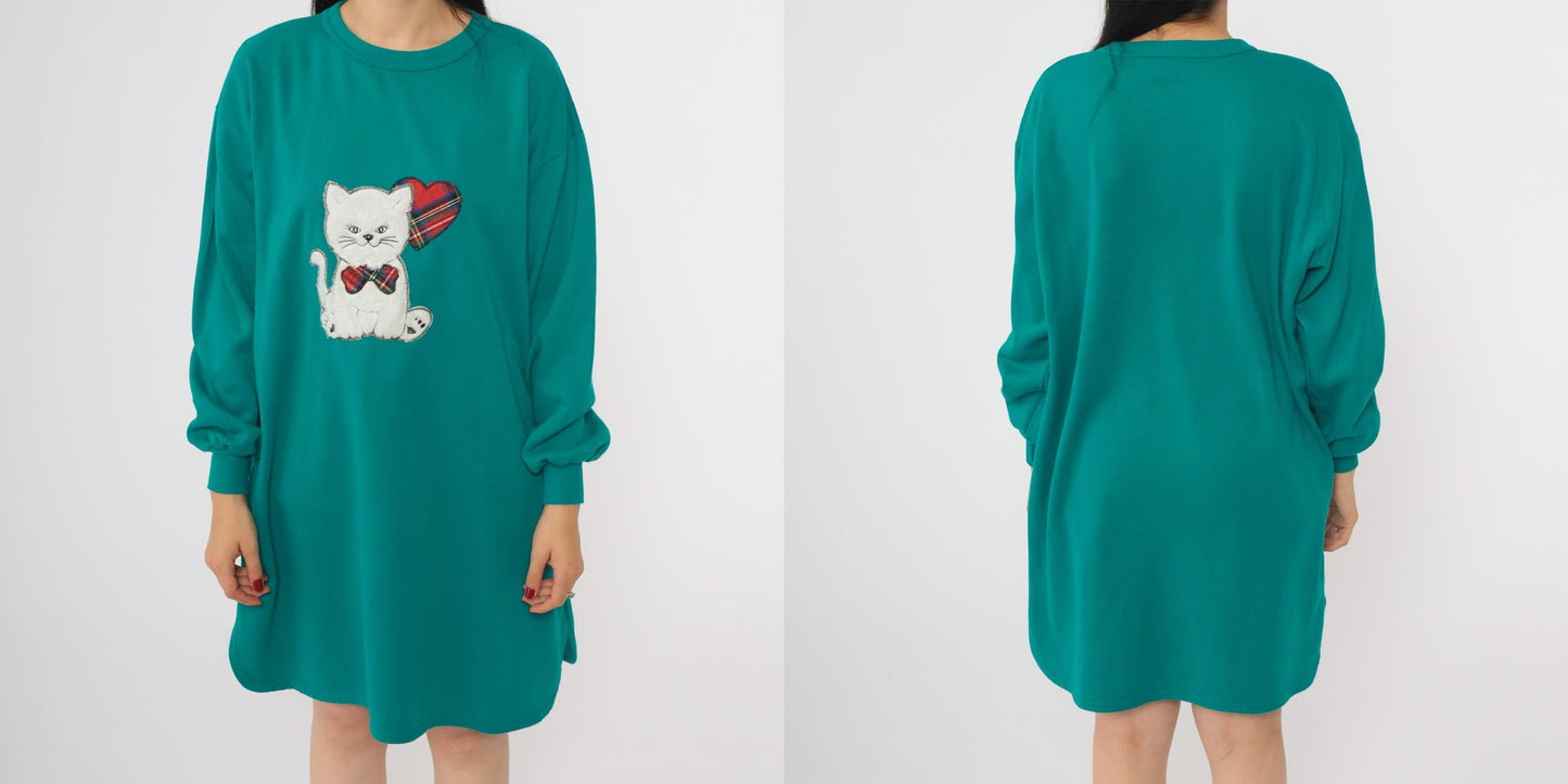 90s Teal Cat Applique Sweatshirt Dress Fuzzy Kitten Pullover Small S