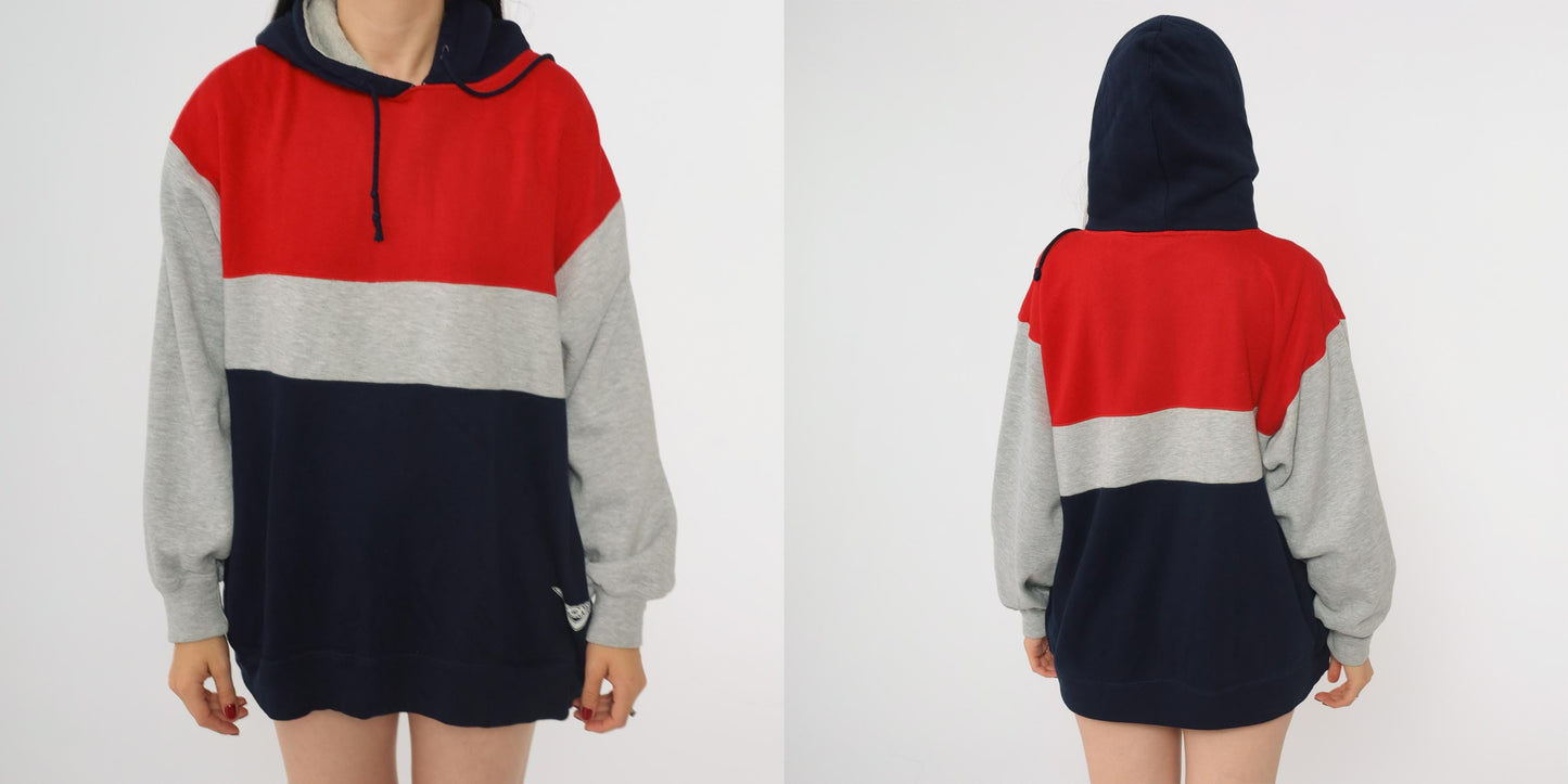 90s Pony Colorblock Hoodie Red Grey Navy Pullover Large L