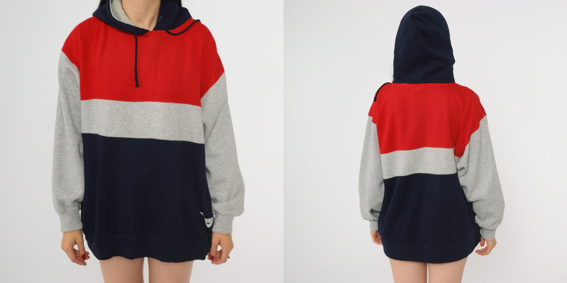 90s Pony Colorblock Hoodie Red Grey Navy Pullover Large L