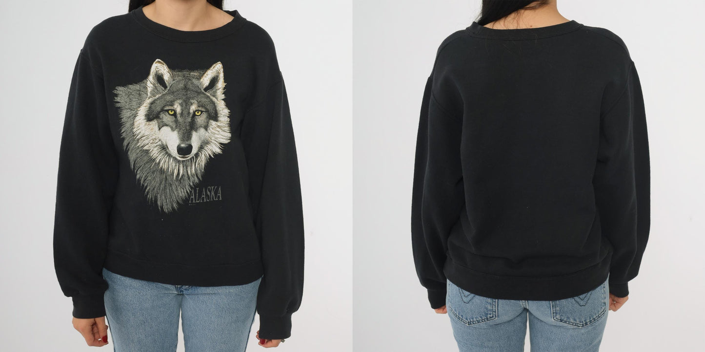Y2K Wolf Alaska Graphic Sweatshirt Black Crewneck Small S