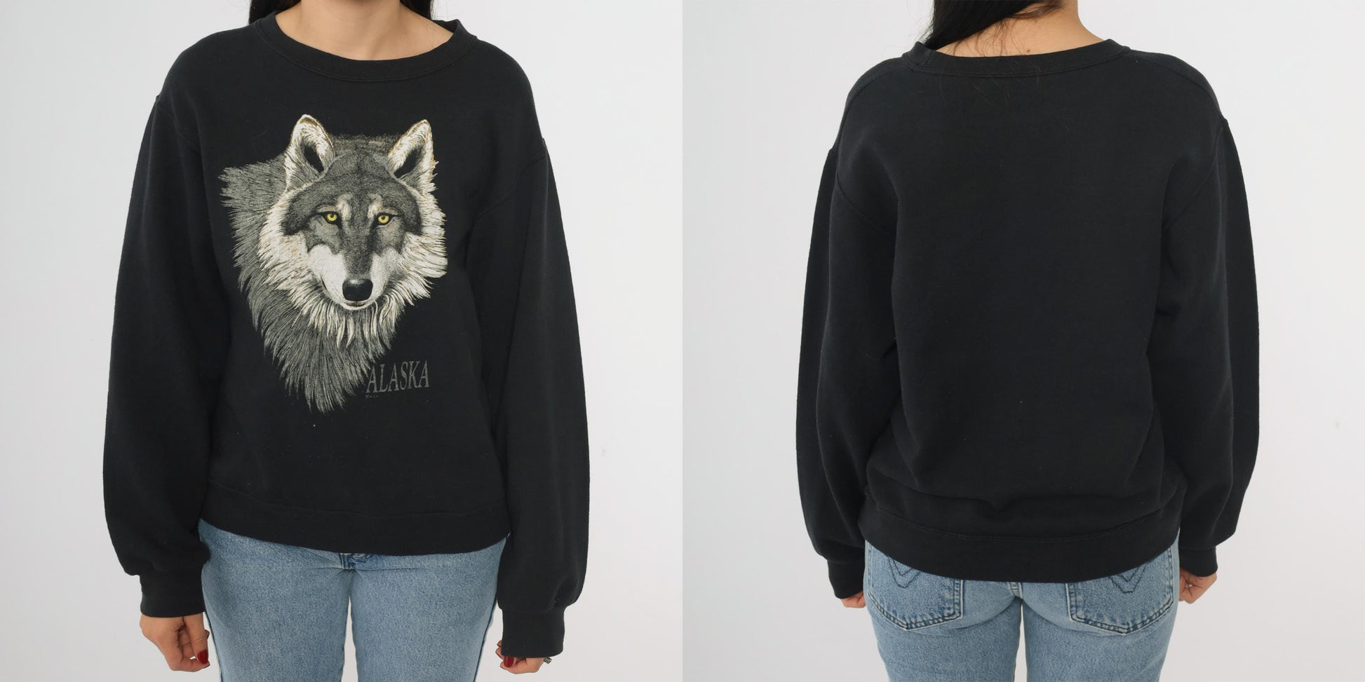 Y2K Wolf Alaska Graphic Sweatshirt Black Crewneck Small S