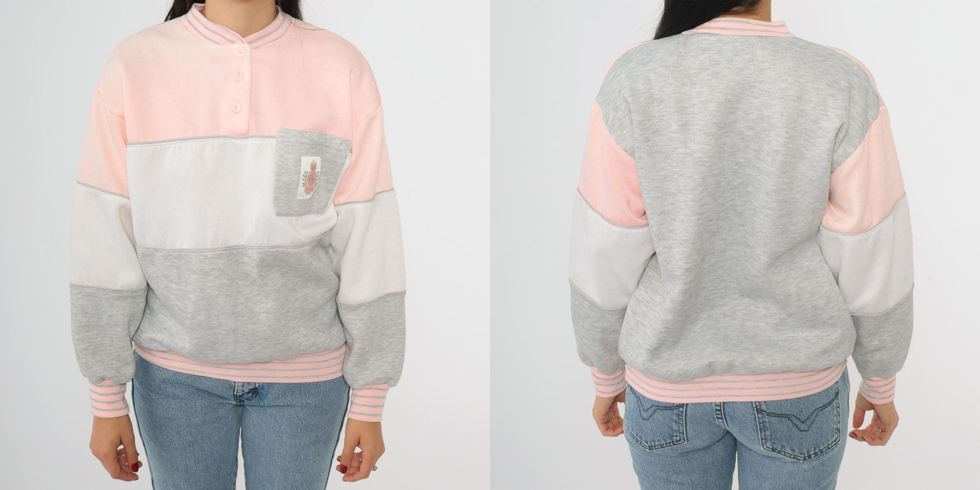 90s Gitano Colorblock Sweatshirt Pink White Grey Henley Collar Medium M