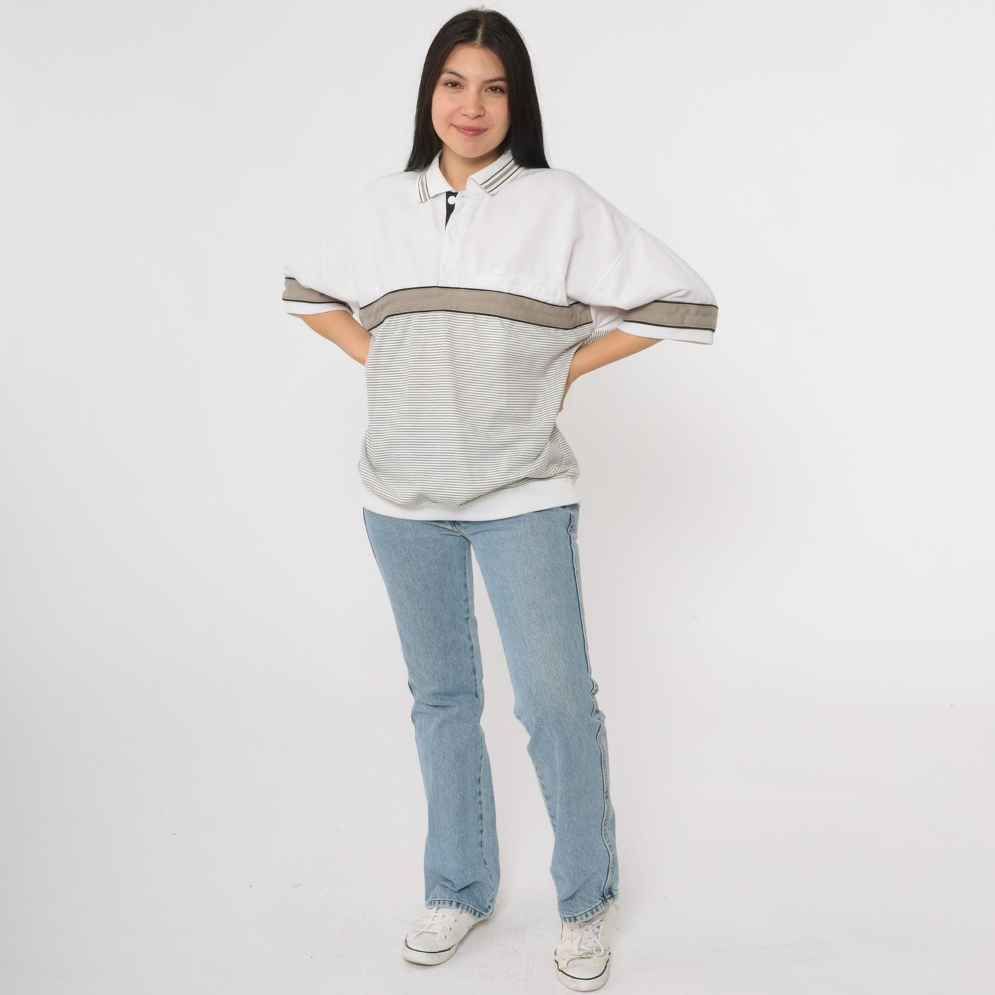 90s Puritan Polo Shirt White Taupe Black Striped Colorblock Large L