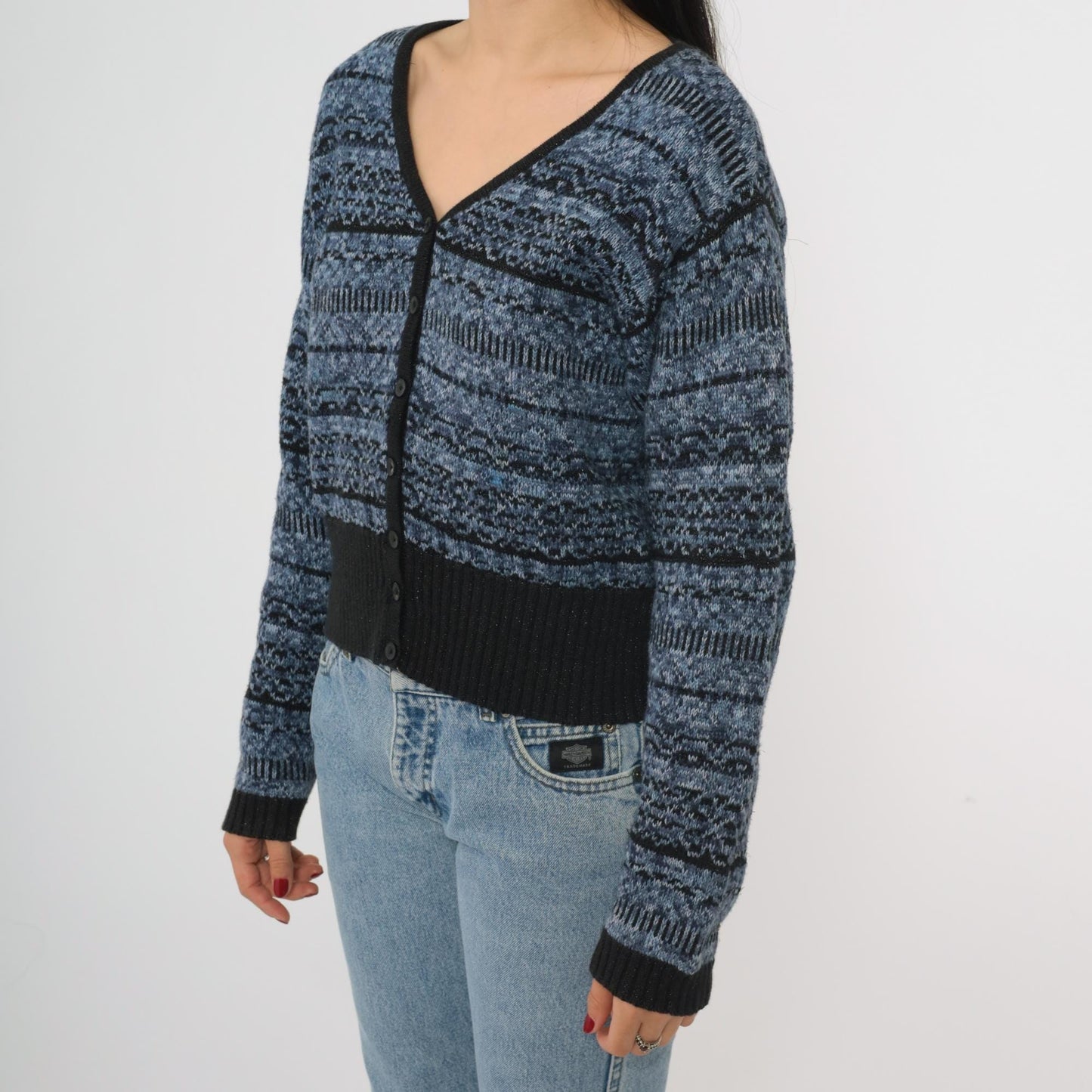 90s Lizwear Petite Blue Black Striped Cardigan V Neck Cotton Knit Small