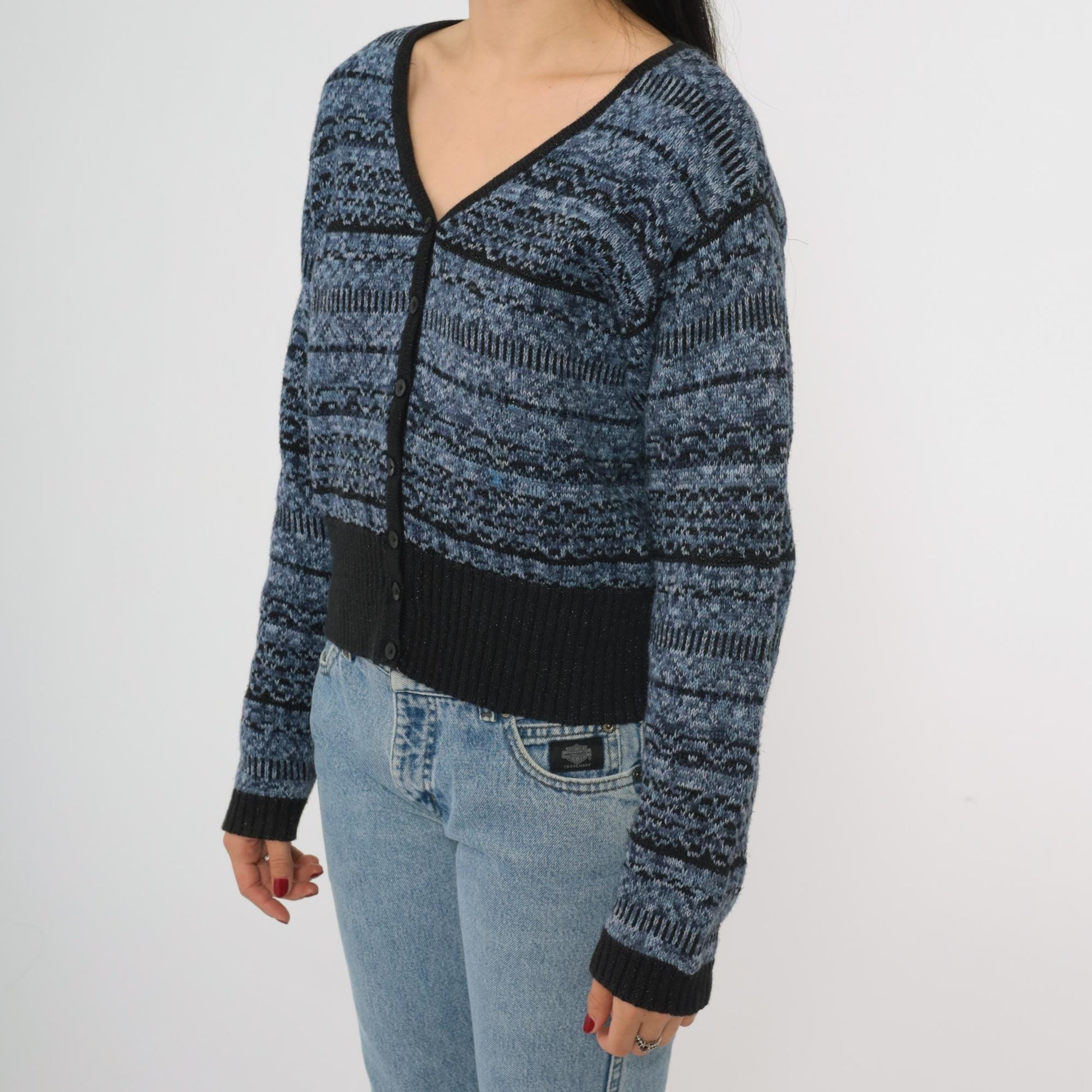 90s Lizwear Petite Blue Black Striped Cardigan V Neck Cotton Knit Small