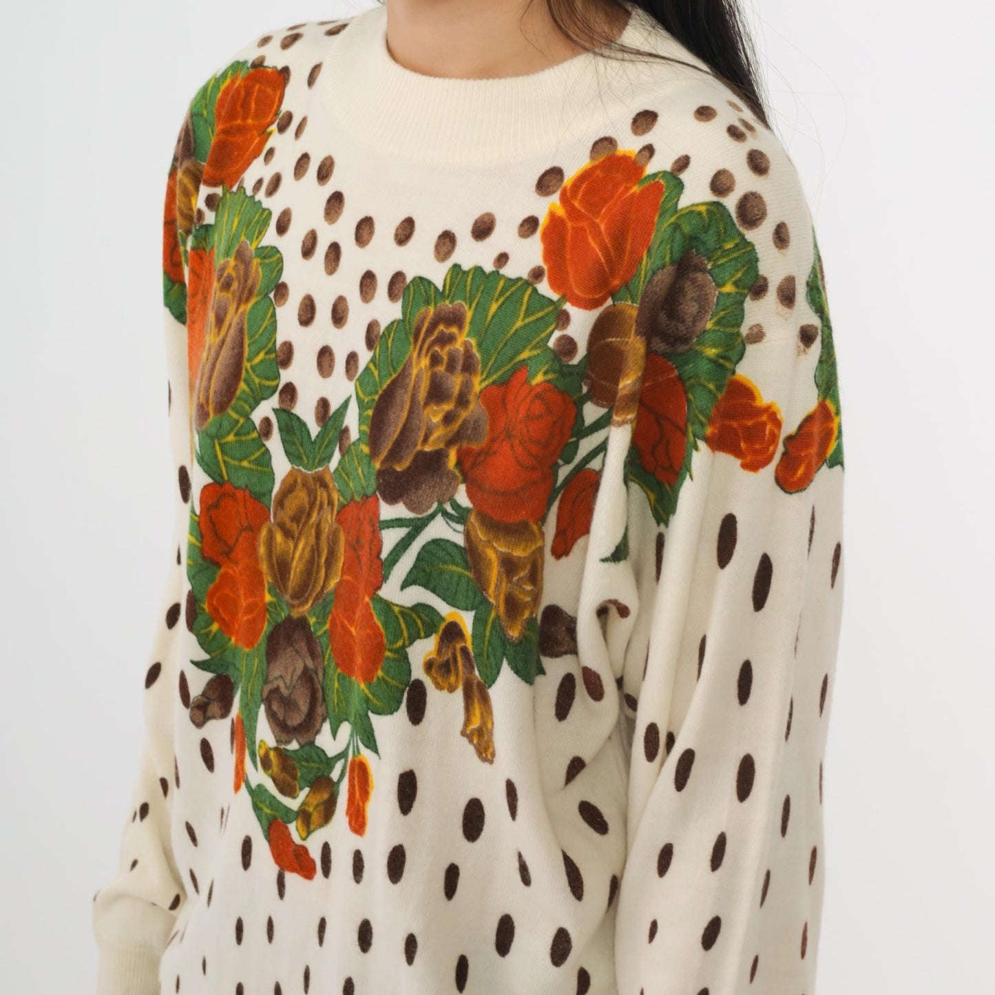80s General Floral Knit Sweater Cream Rose Heart Print Polka Dot Large