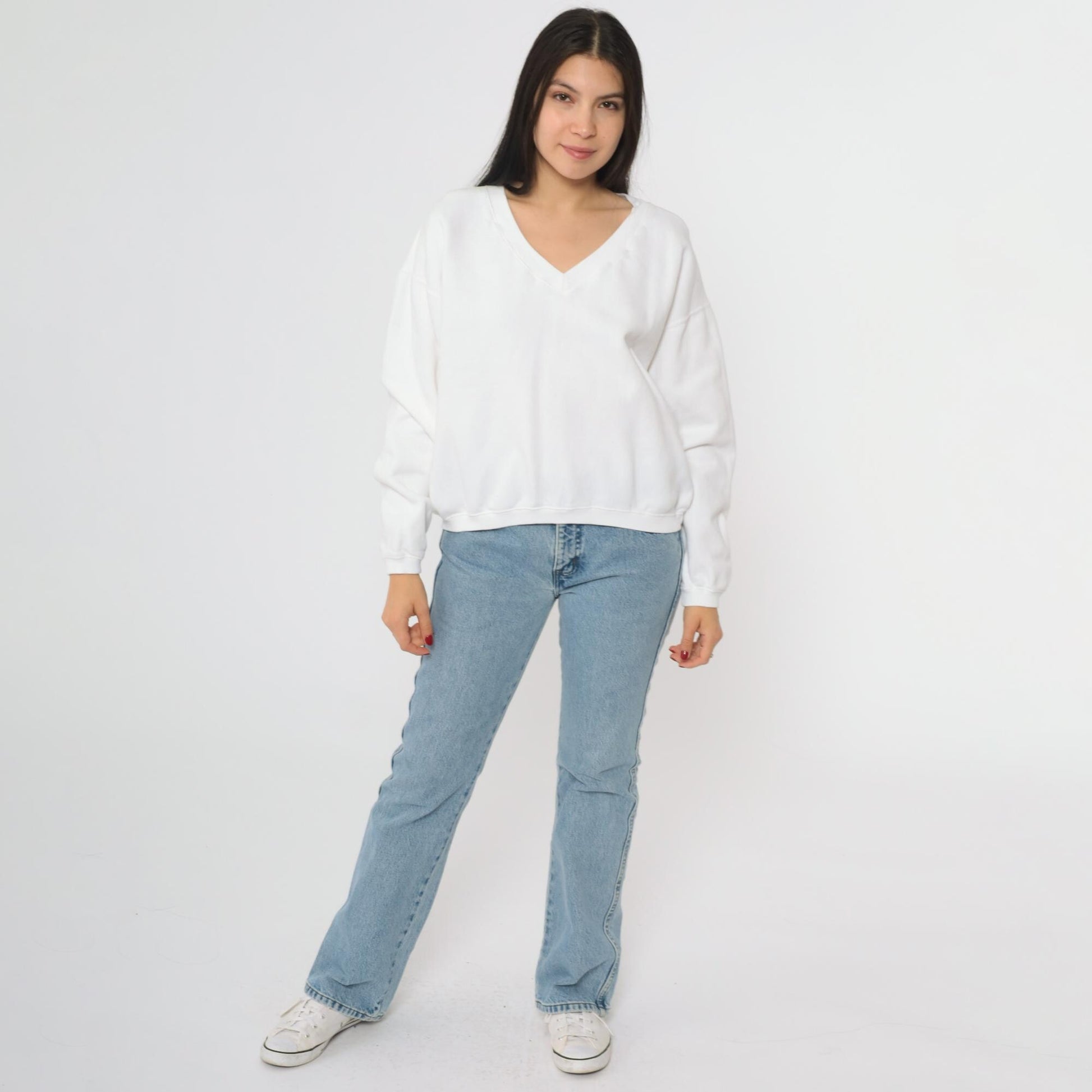 90s White V-Neck Sweatshirt Cotton Drop Shoulder Pullover One Size