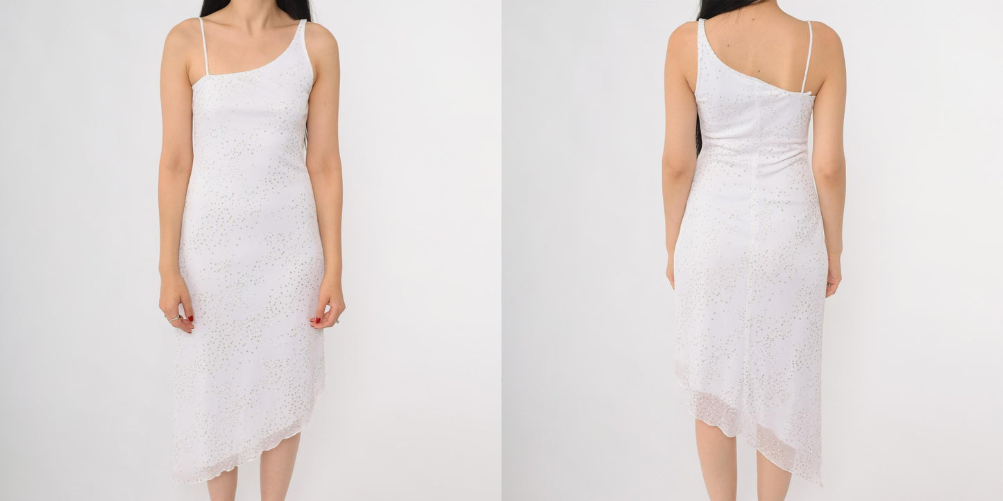 Y2K White Sequin One-Shoulder Slip Dress Midi Silver Bodycon Medium M