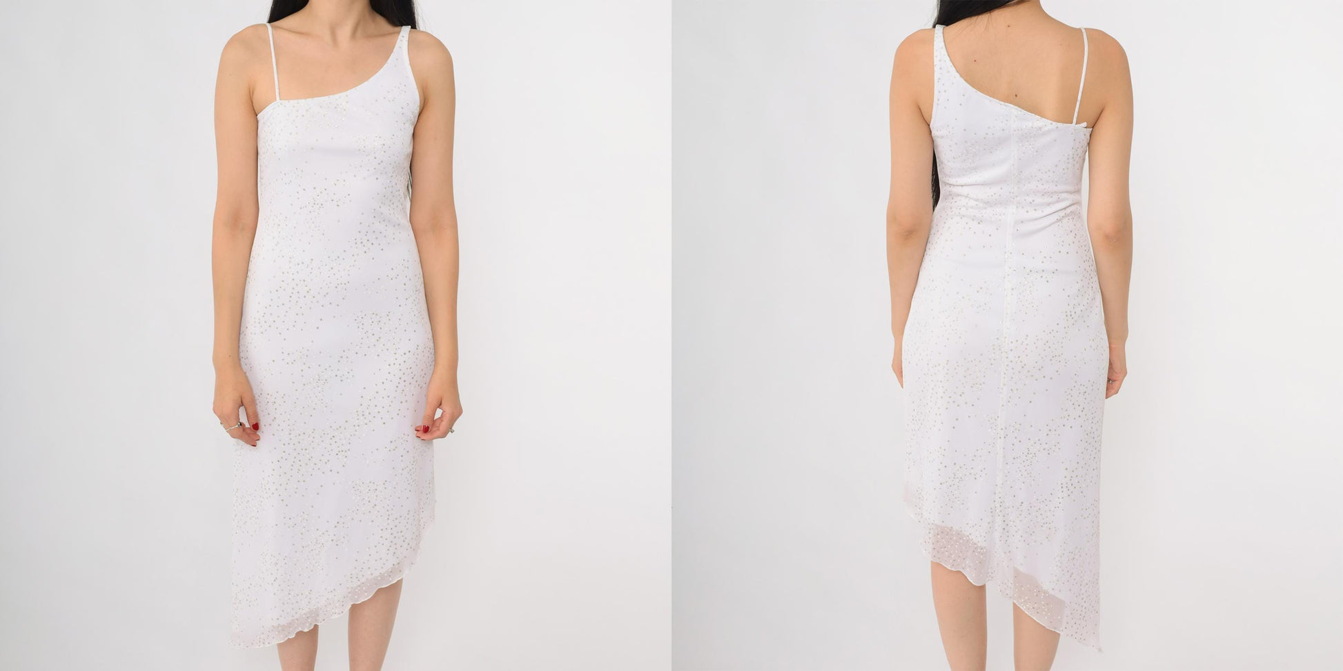 Y2K White Sequin One-Shoulder Slip Dress Midi Silver Bodycon Medium M