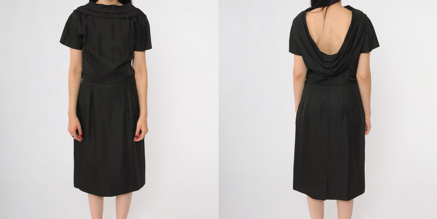 60s Suzy Perette Black Cowl Neck Midi Dress Open Back Large L