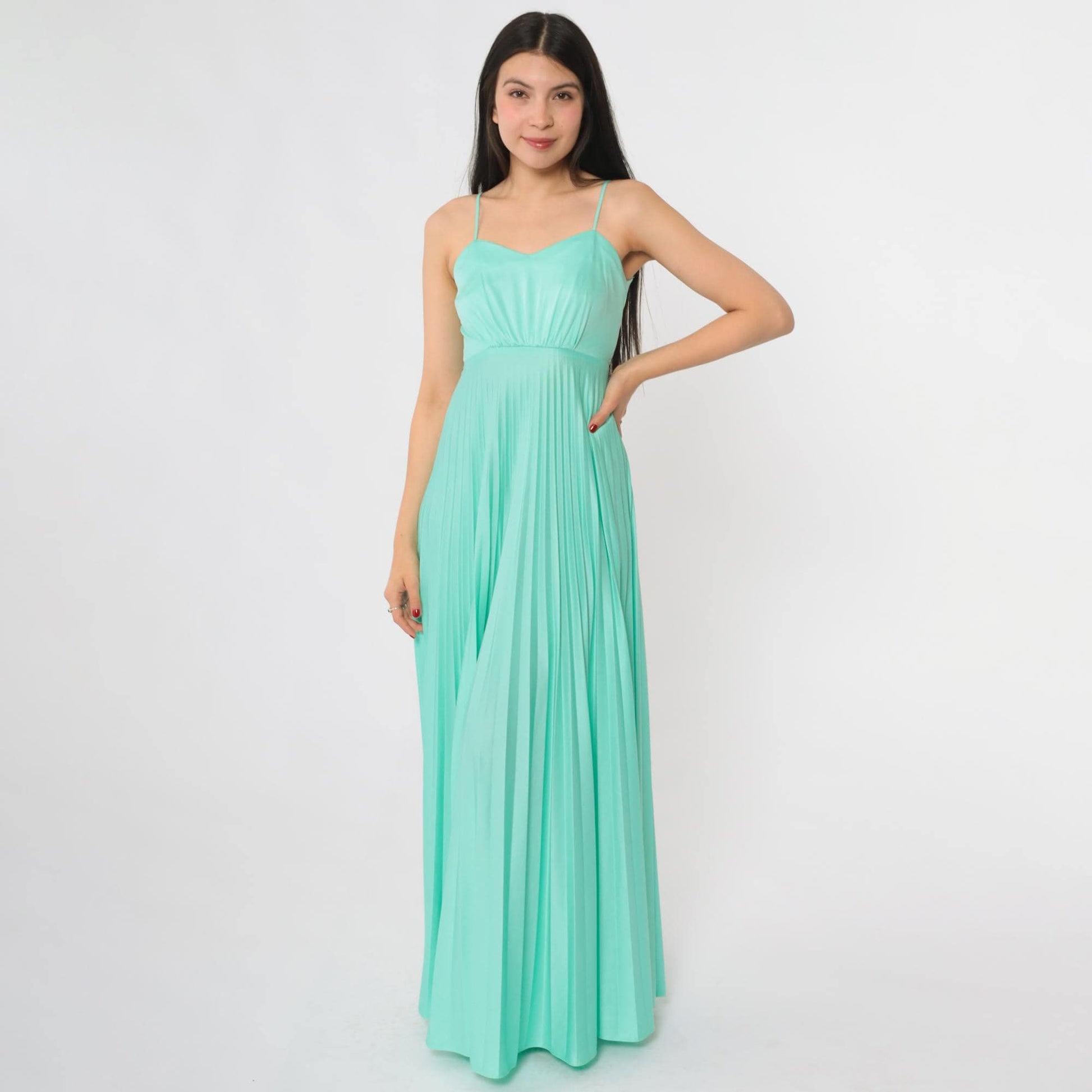 70s Aqua Pleated Maxi Dress Spaghetti Strap Sweetheart Neckline Extra Small XS
