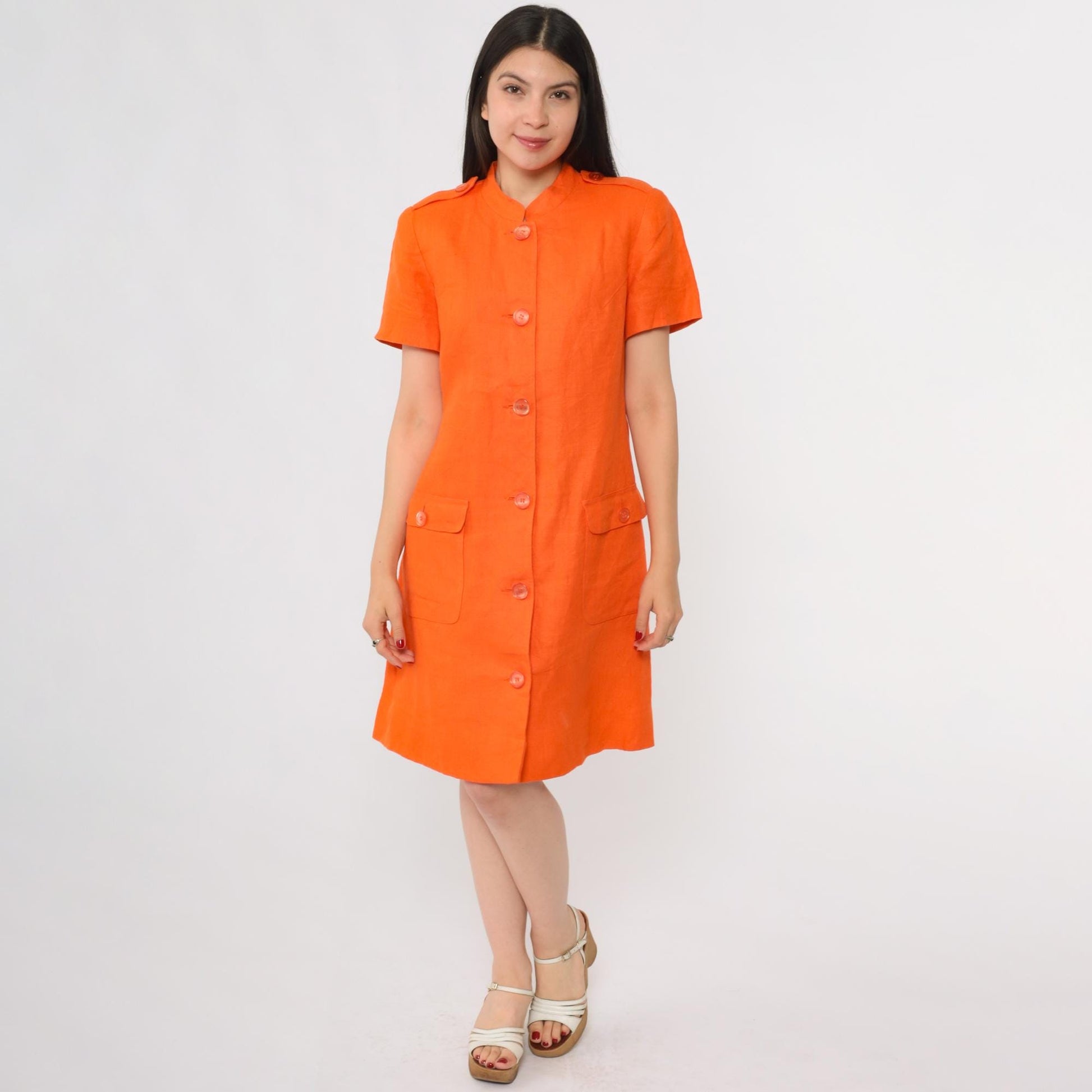 80s Rickie Freeman for Teri Jon Orange Linen Mini Shift Dress Large 10