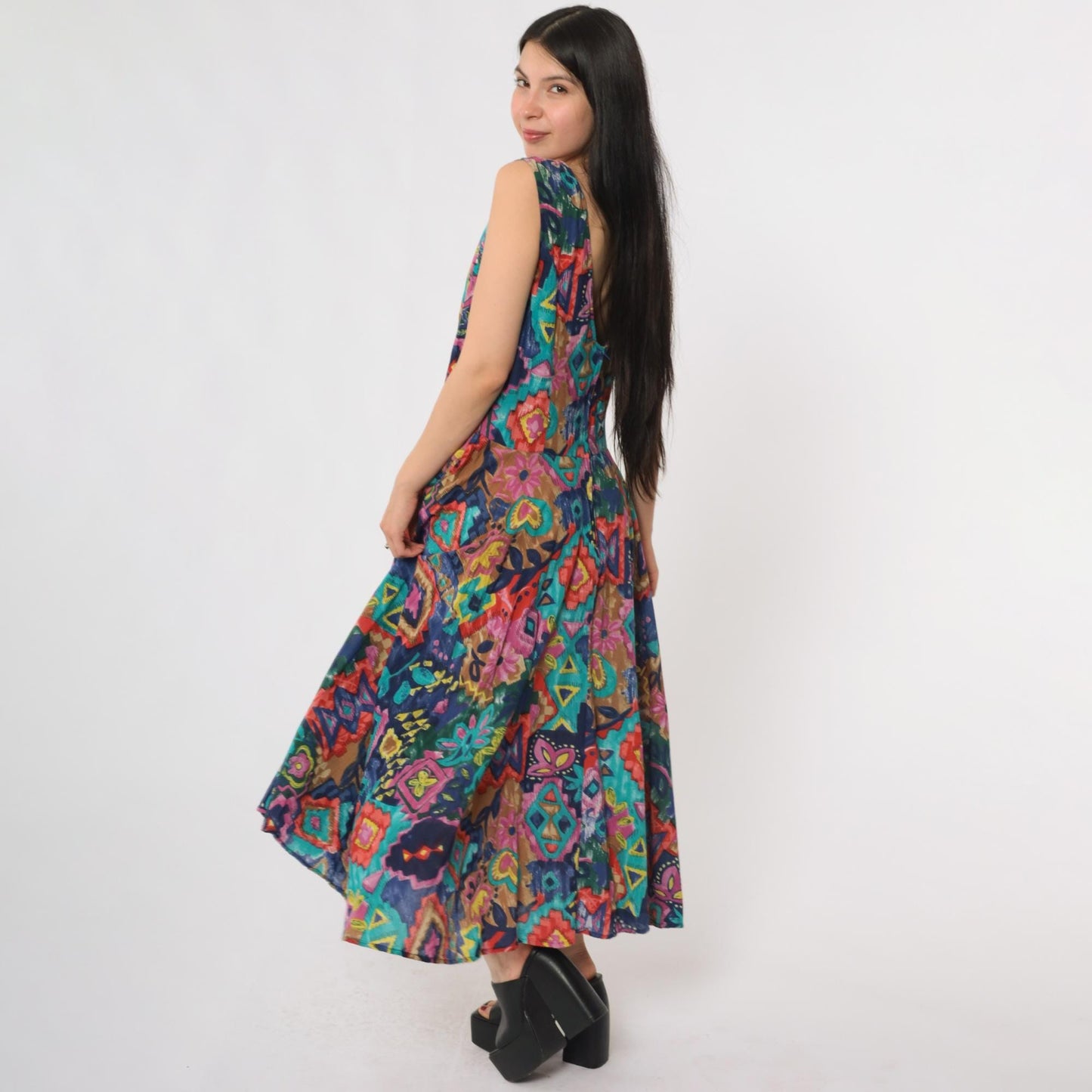 90s Phool Patchwork Maxi Dress Sleeveless Scoop Neck Abstract Print Cotton Medium M