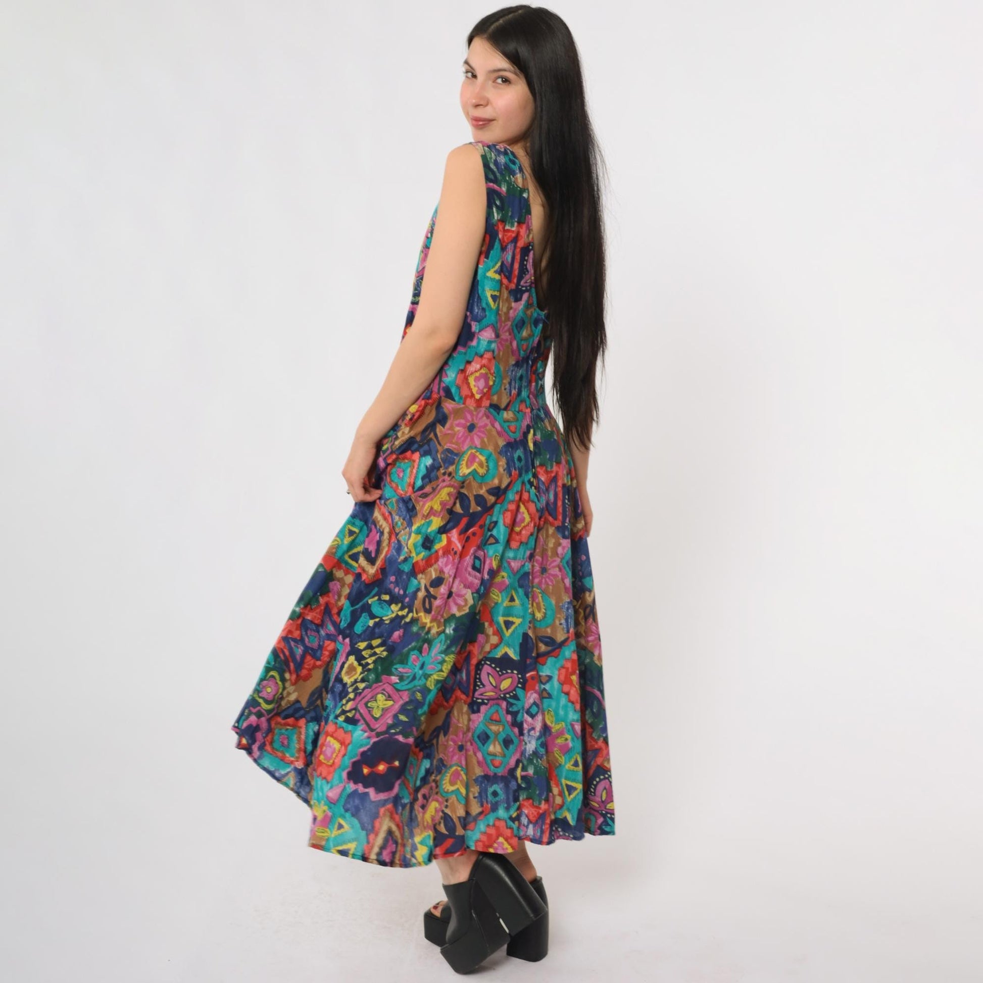 90s Phool Patchwork Maxi Dress Sleeveless Scoop Neck Abstract Print Cotton Medium M
