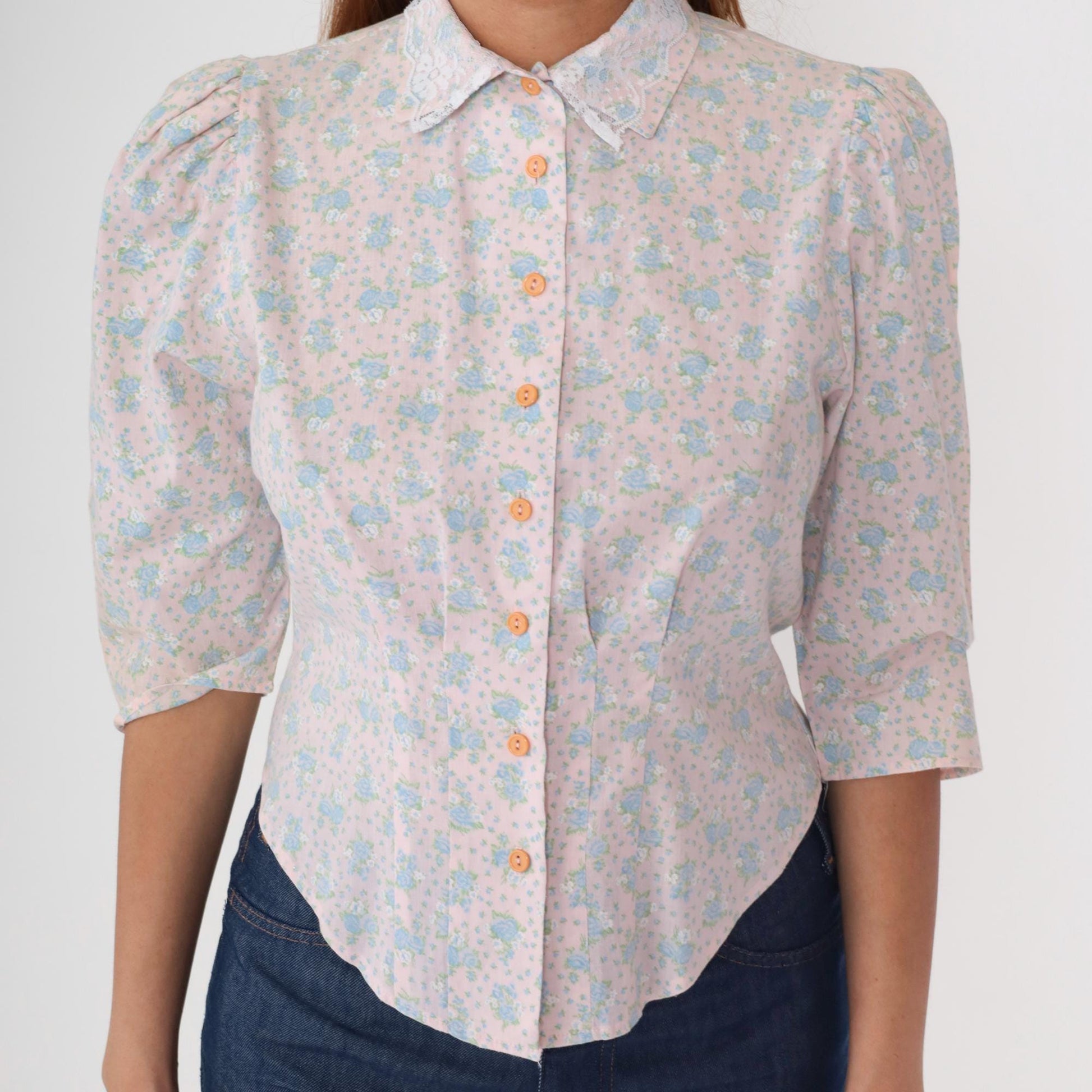 80s Pink Blue Floral Puff Sleeve Blouse Button Front Three Quarter Small