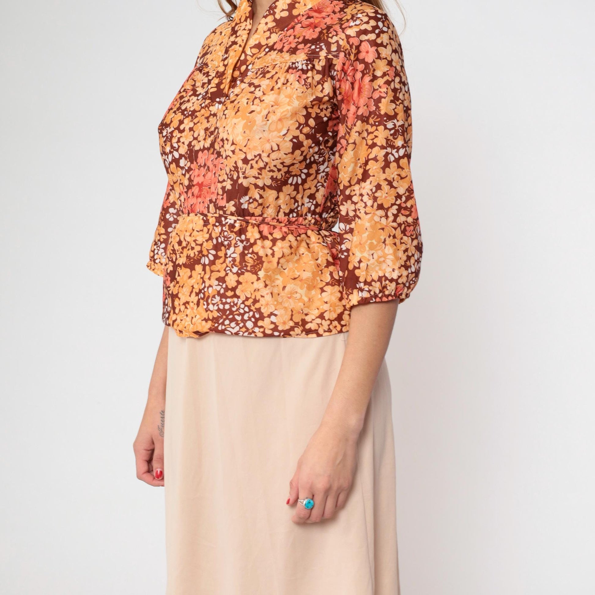 80s Floral Midi Dress Brown Orange Yellow V-Neck Peplum Waist Short Sleeve Medium