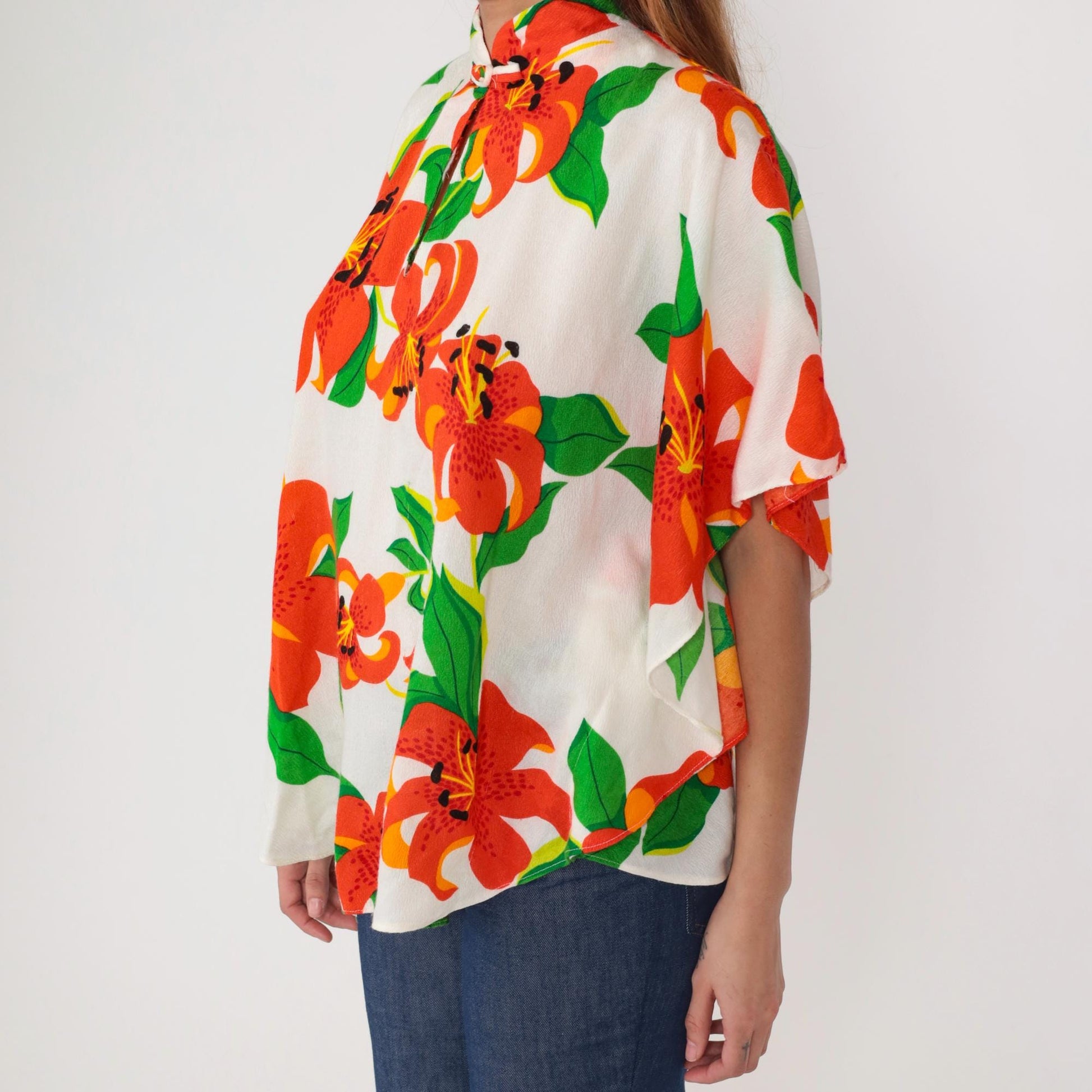 70s Waltah Clarkes Tropical Floral Caftan Kimono Blouse White One Size