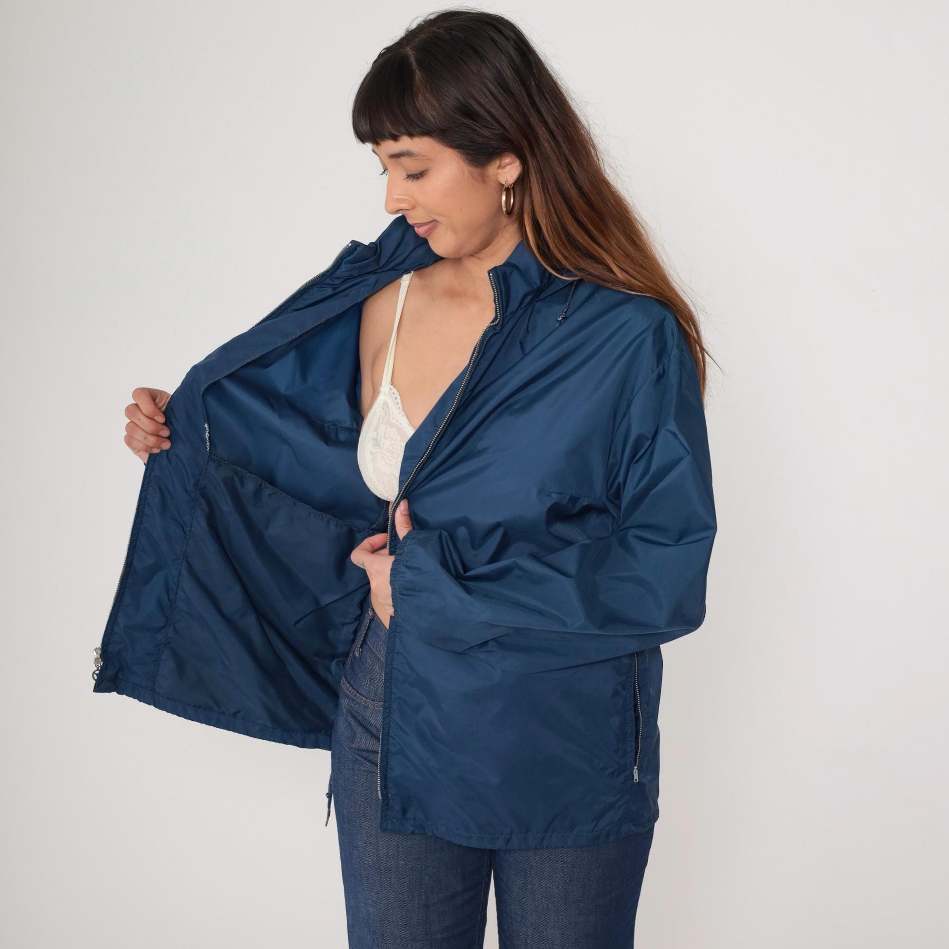 80s Obermeyer Navy Hooded Windbreaker Jacket Unisex Large